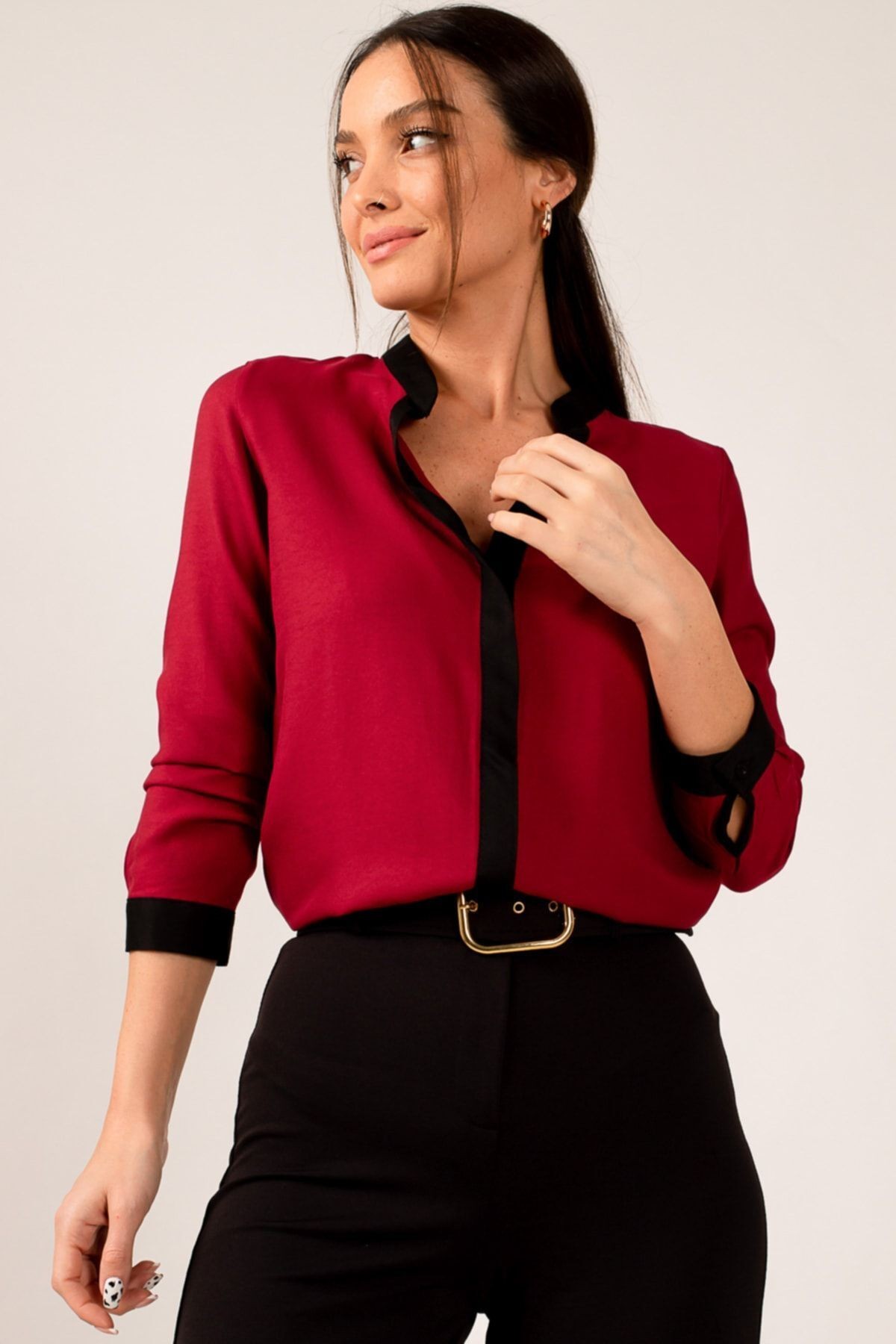 Kadın Bordo Önü Şeritli Gömlek ARM-18K001255