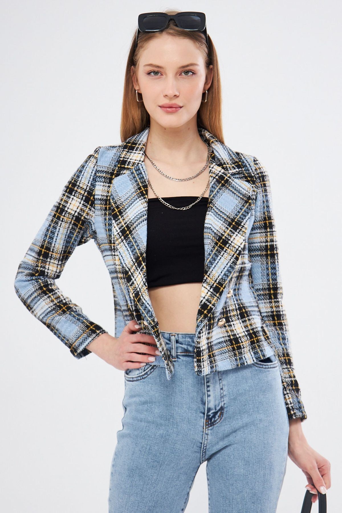 Kadın Bebe Mavi Kruvaze Yaka Tüvit Crop Ceket ARM-24K001014