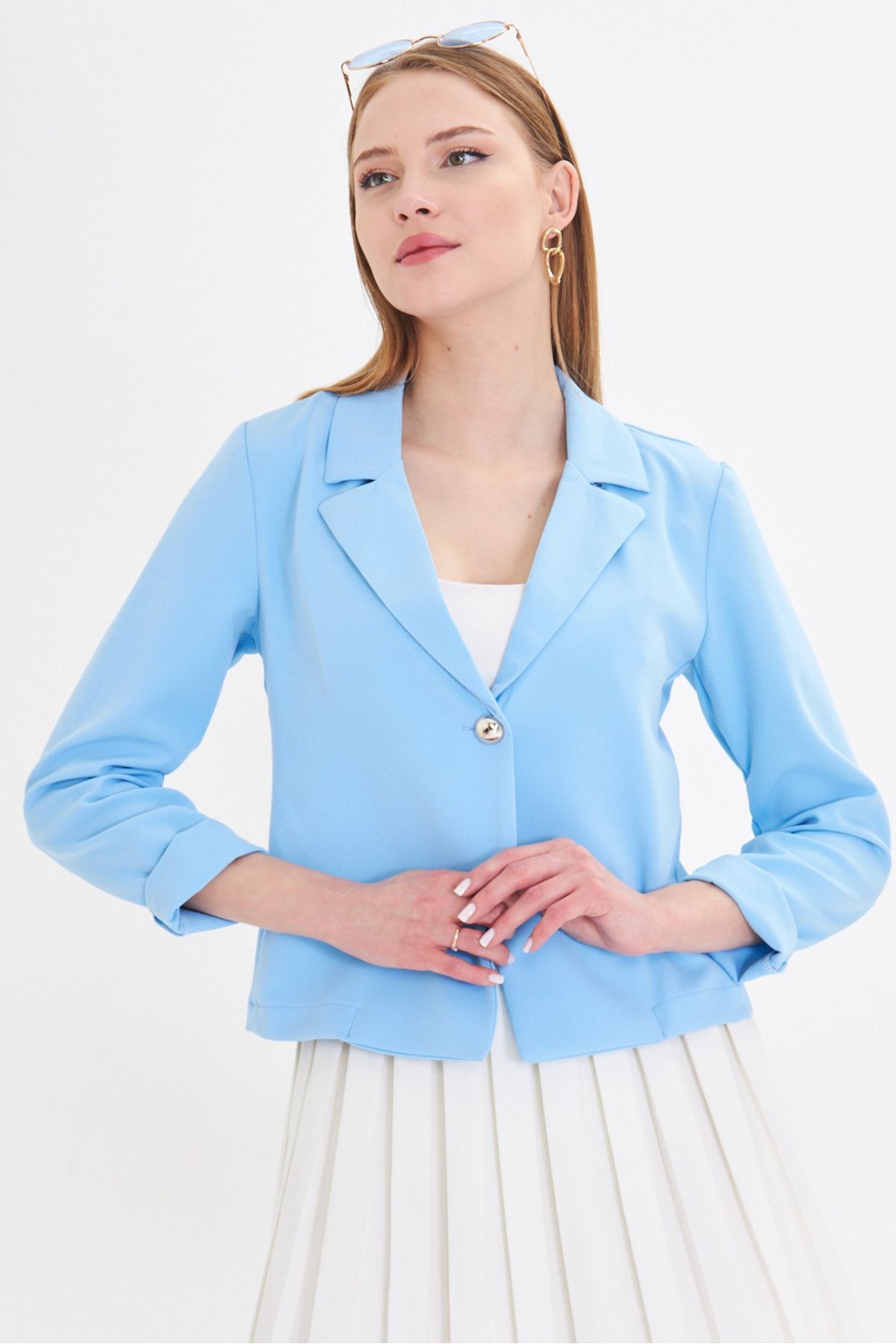 Kadın Bebe Mavi Tek Düğmeli Crop Ceket ARM-22Y001237