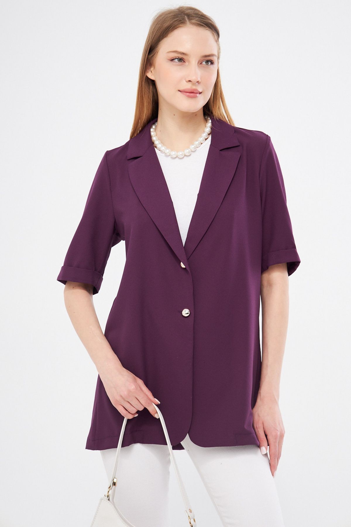 Kadın Mor Kısa Kol İki Düğmeli Oversize Ceket
