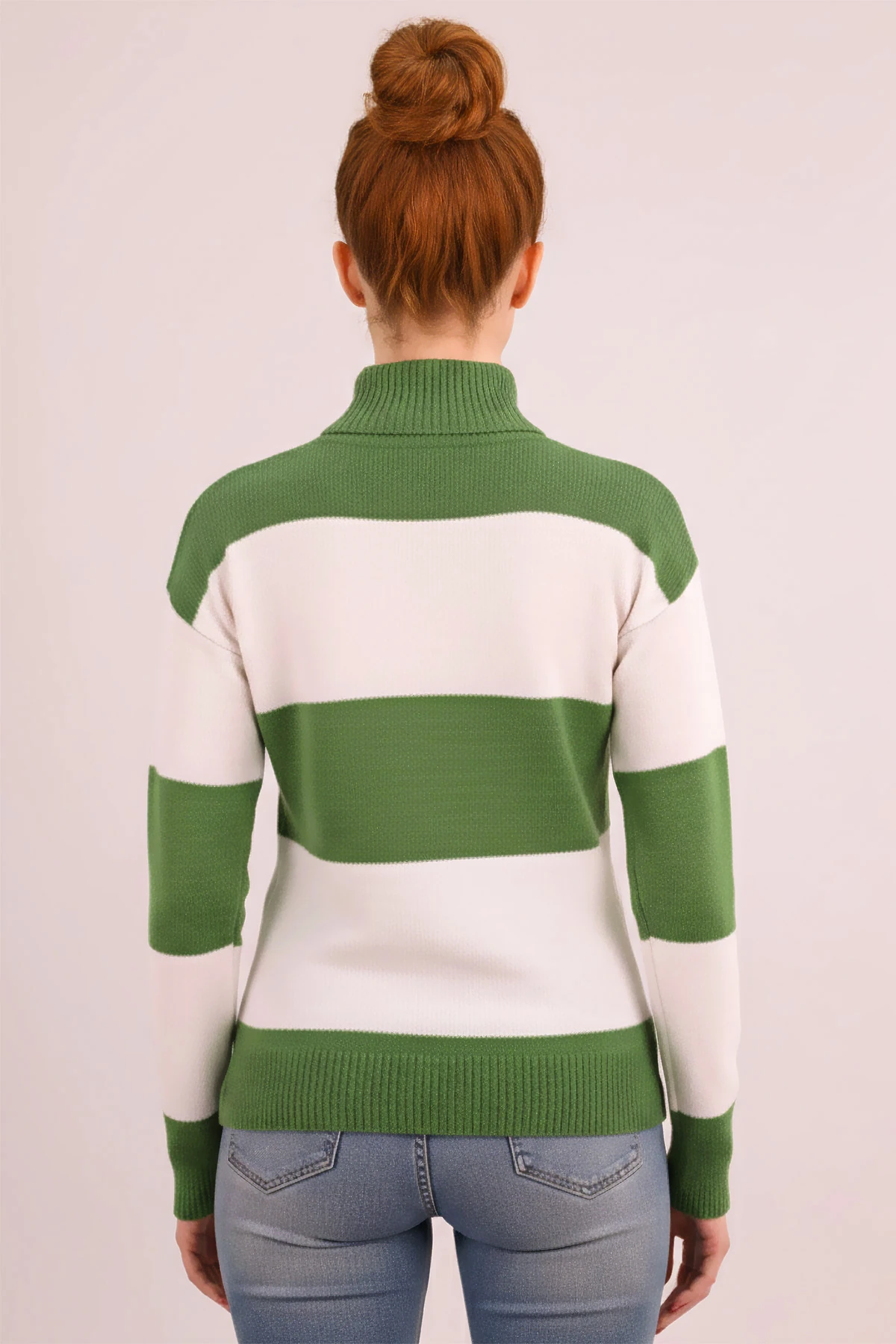 Kadın Yeşil Dik Yaka İki Renkli Triko Kazak ARM-26K136061