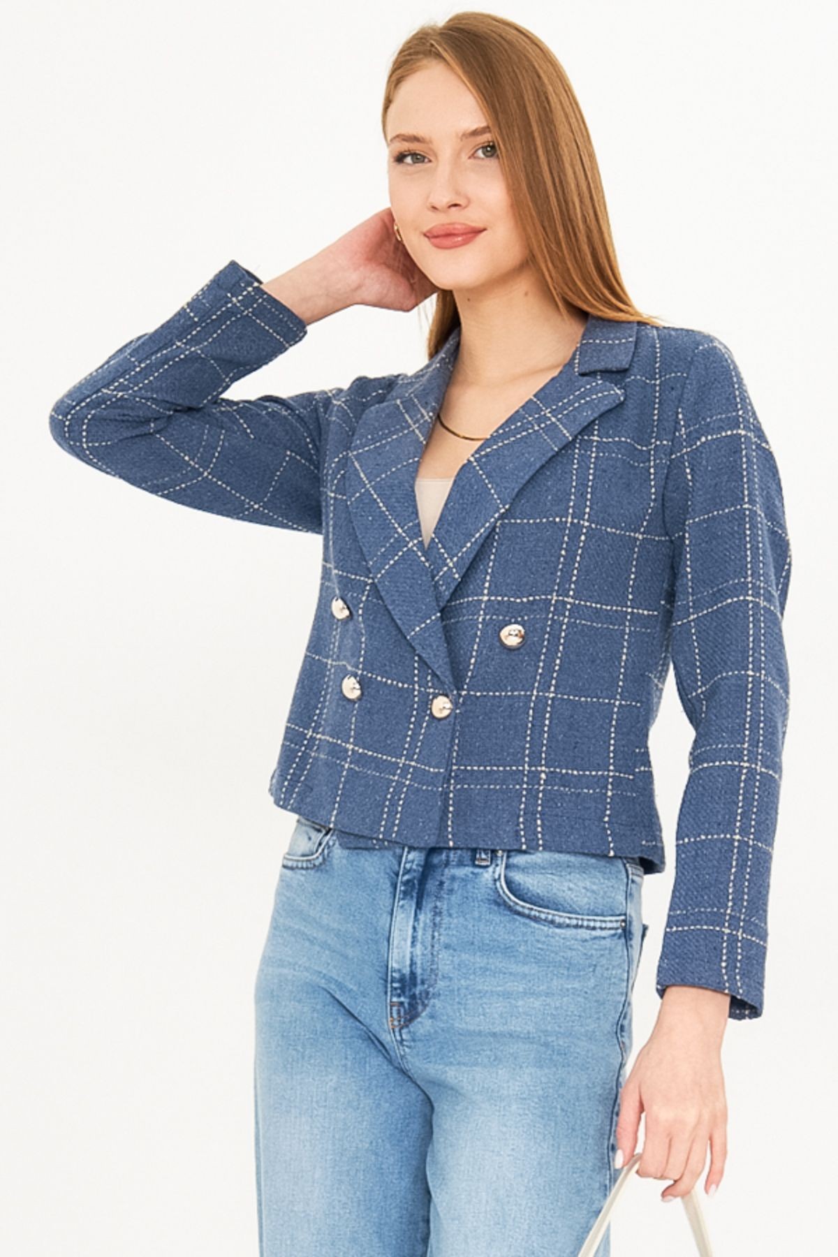 Kadın İndigo-Bej Kruvaze Yaka Tüvit Crop Ceket ARM-24K001014