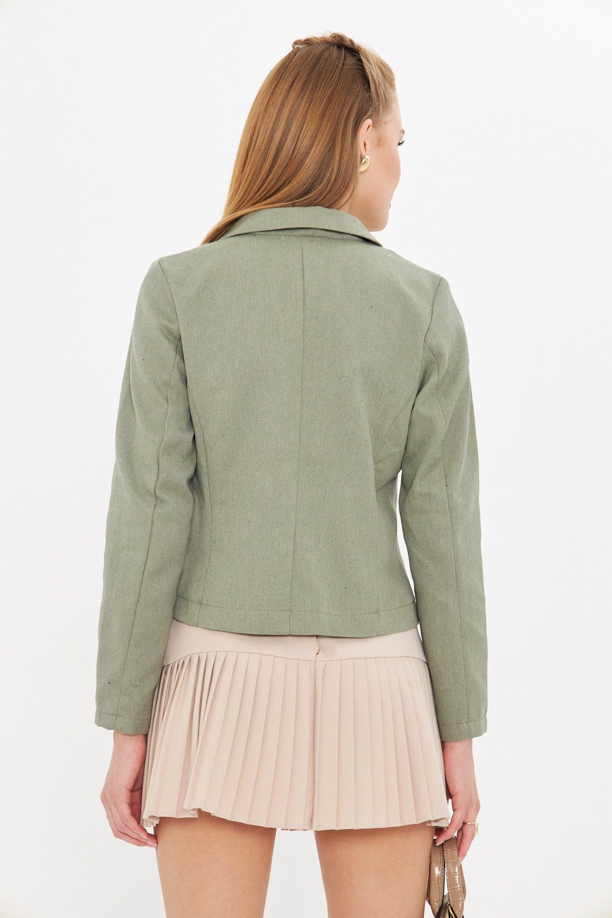 Kadın Haki Kruvaze Yaka Gabardin Crop Ceket ARM-24Y001010