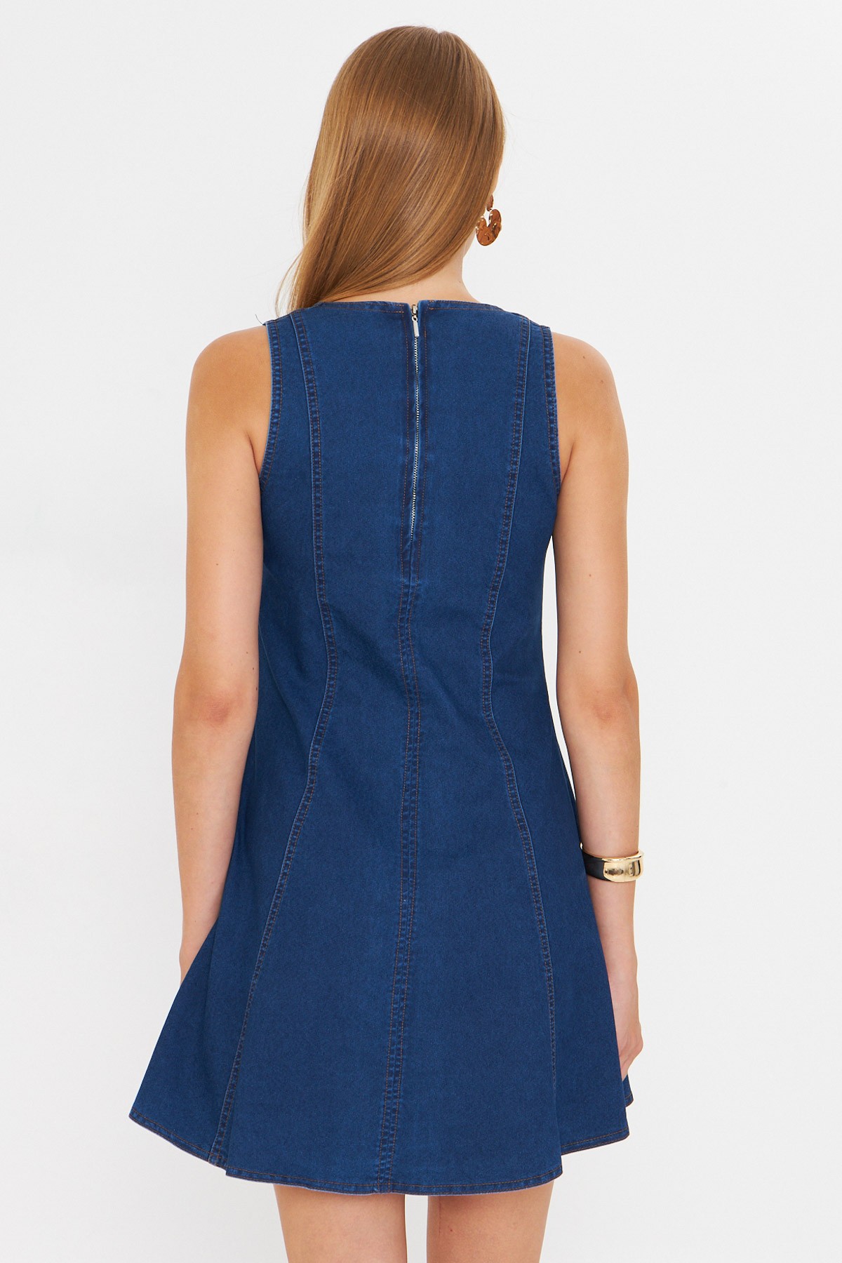 Kadın Lacivert Vücuda Oturan Denim Kloş Elbise ARM-25Y001088