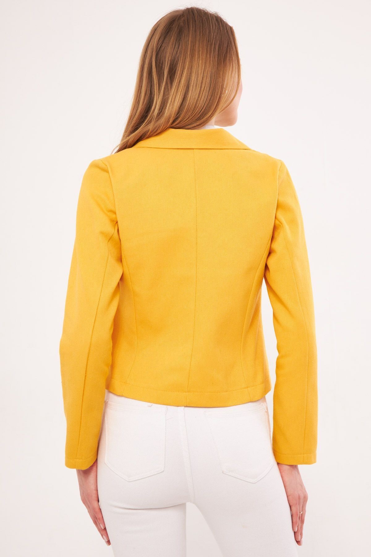 Kadın Hardal Kruvaze Yaka Gabardin Crop Ceket ARM-24Y001010