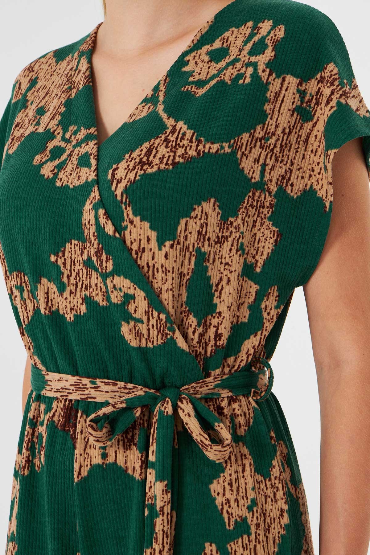 Kadın Yeşil-Bej Kruvaze Beli Kemerli Tulum ARM-20Y042008