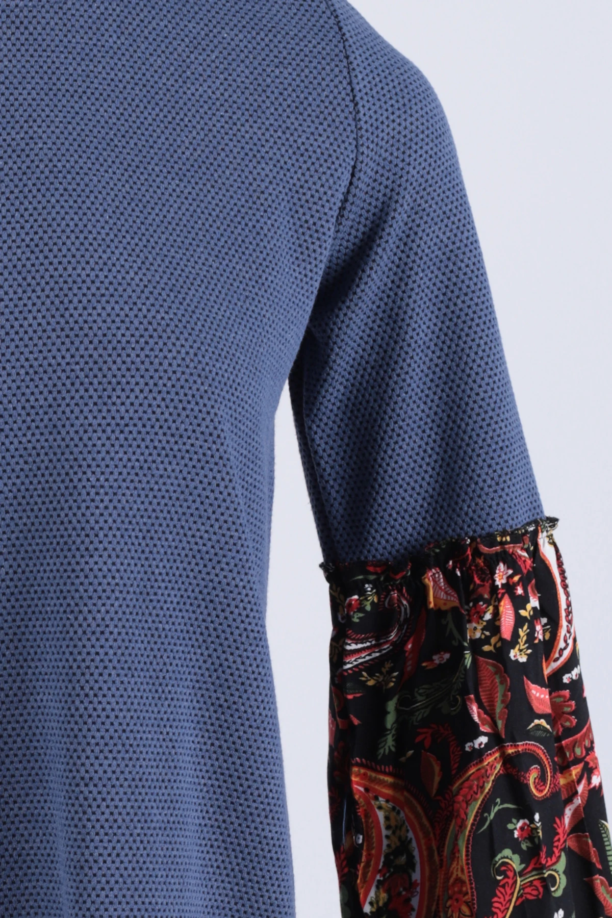 Kadın Koyu Mavi Desenli Balon Kol Elbise ARM-26K001051