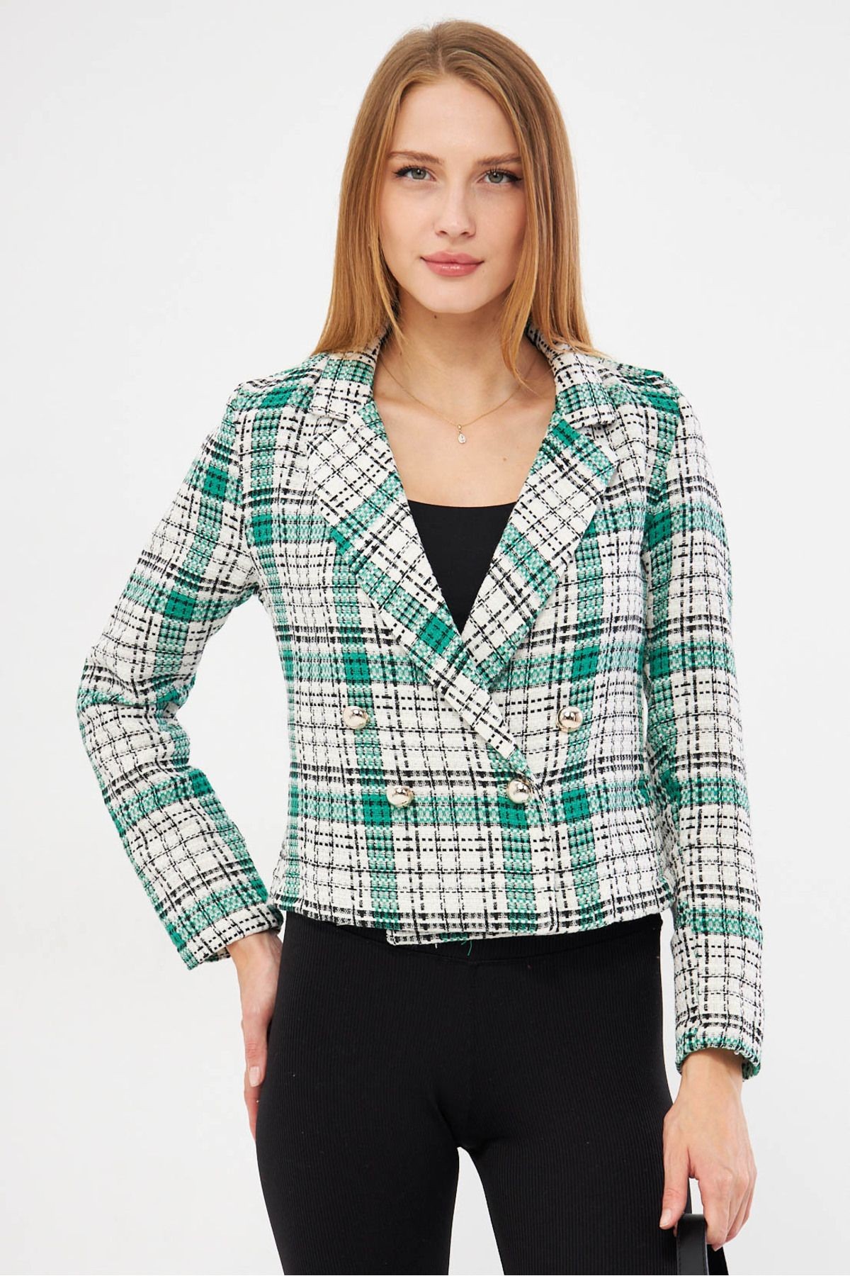 Kadın Siyah-Yeşil Kruvaze Yaka Tüvit Crop Ceket ARM-24K001014