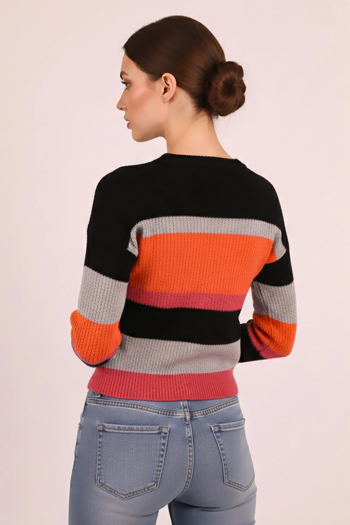 Kadın Fuşya Bisiklet Yaka Renkli Triko Kazak ARM-26K136057