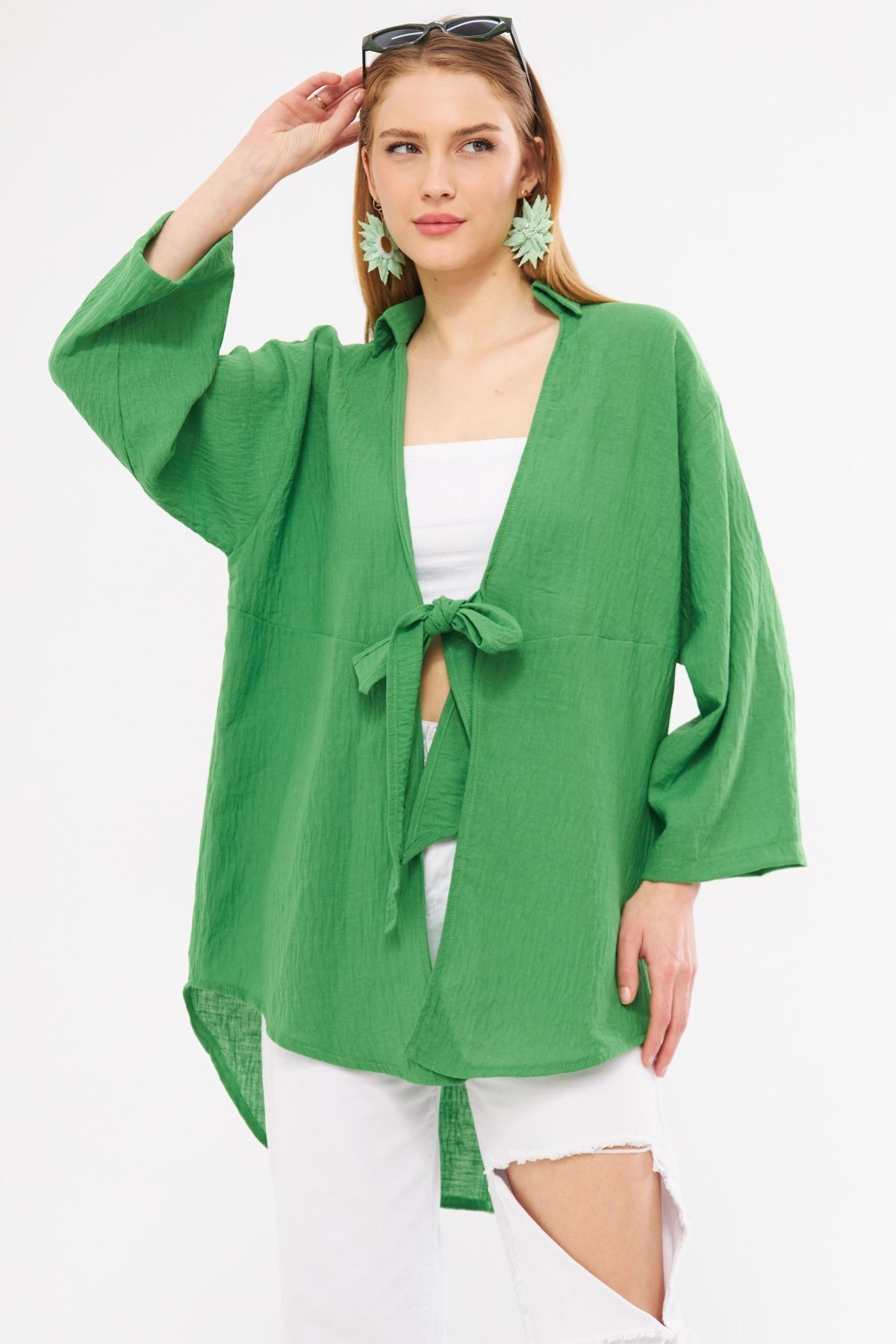 Kadın Yeşil Keten Görünümlü Önden Bağlamalı Kimono Gömlek ARM-24Y001063