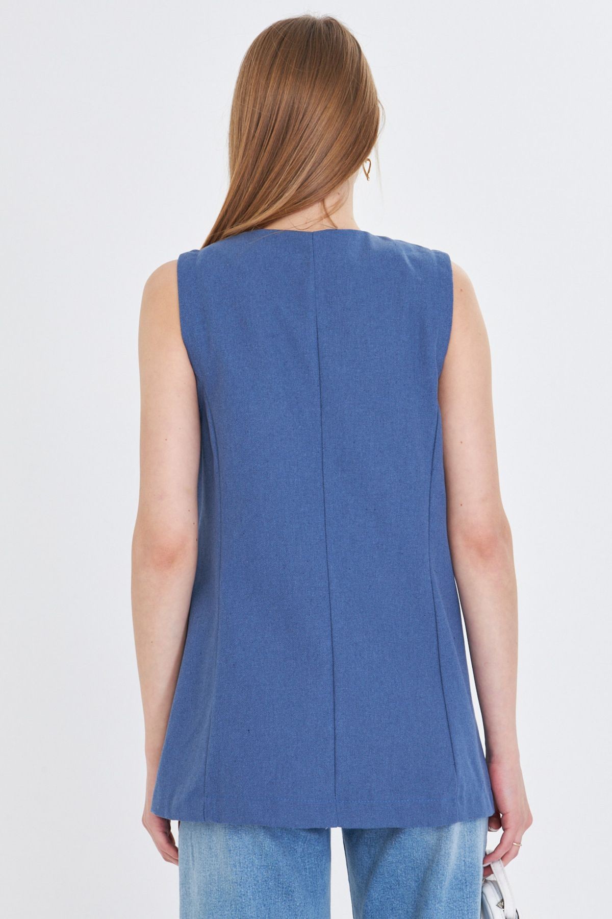 Kadın Koyu Mavi V Yaka Tek Düğme Oversize Yelek ARM-25Y001036