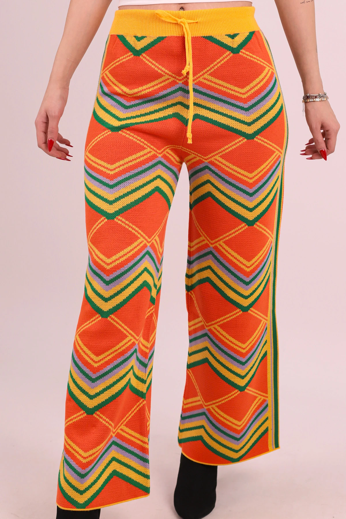 Kadın Sarı Beli Bağlamalı Renkli Triko Pantolon ARM-26K136022