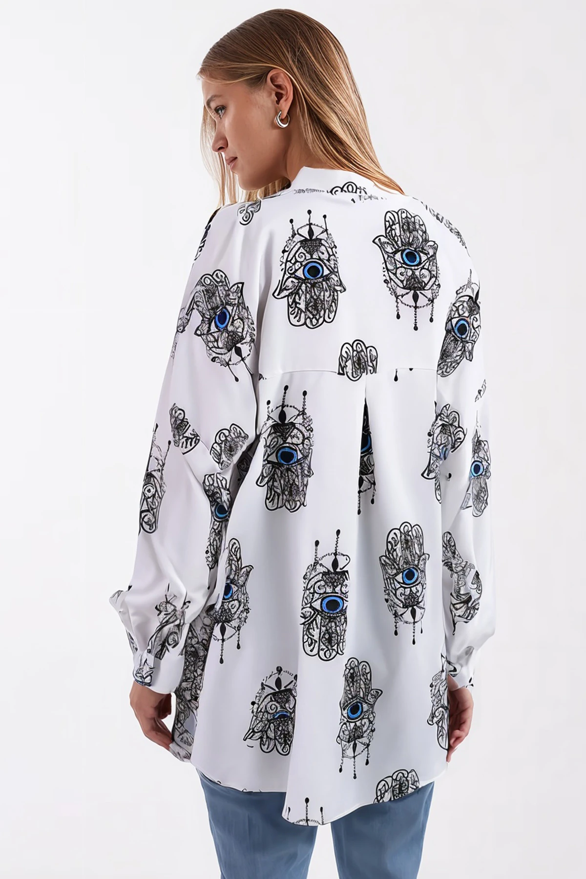 Kadın Açık Mavi Desenli Oversize Uzun Basic Gömlek ARM-22Y001148