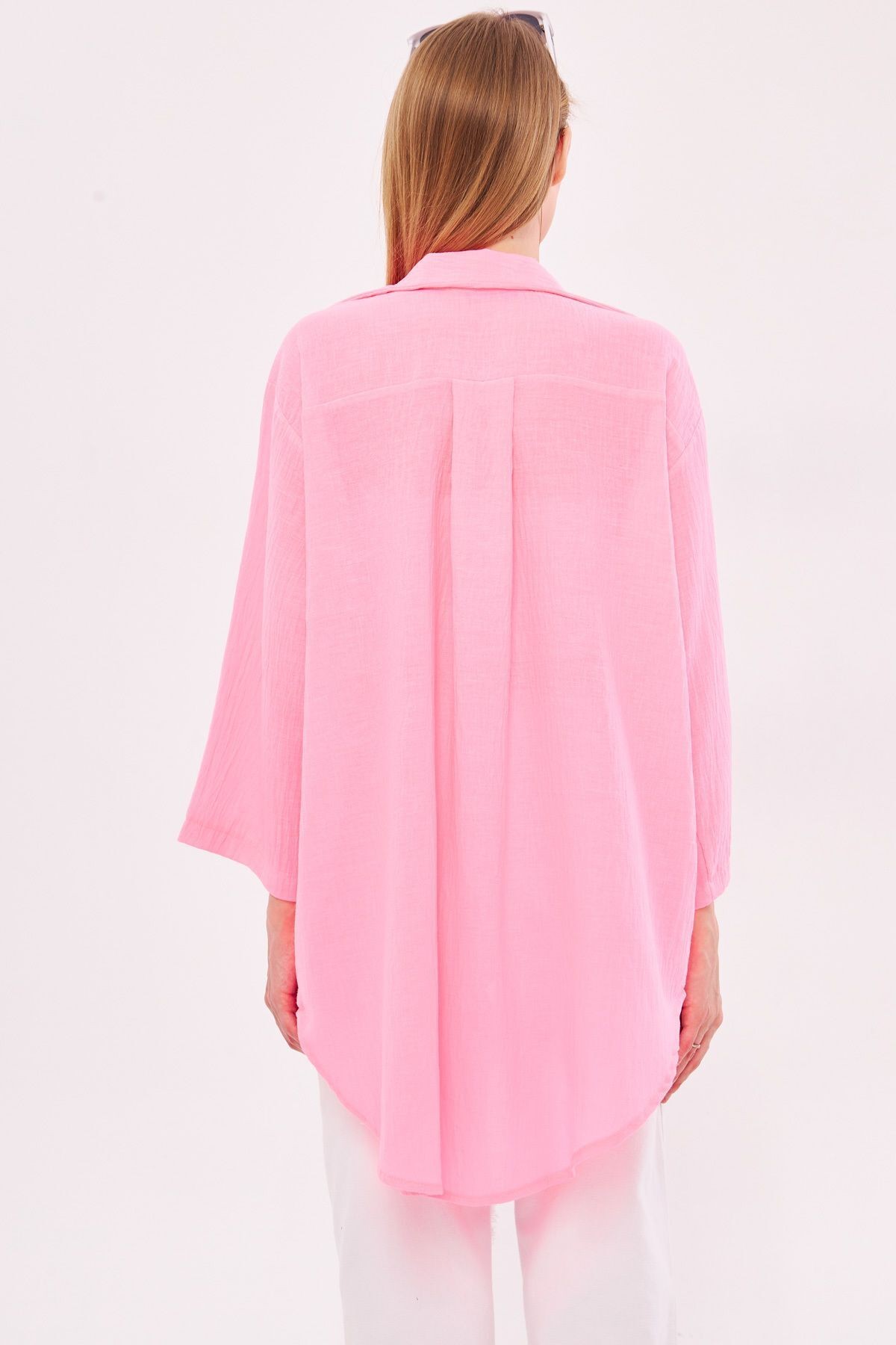Kadın Neon Pembe Keten Görünümlü Önden Bağlamalı Kimono Gömlek ARM-24Y001063
