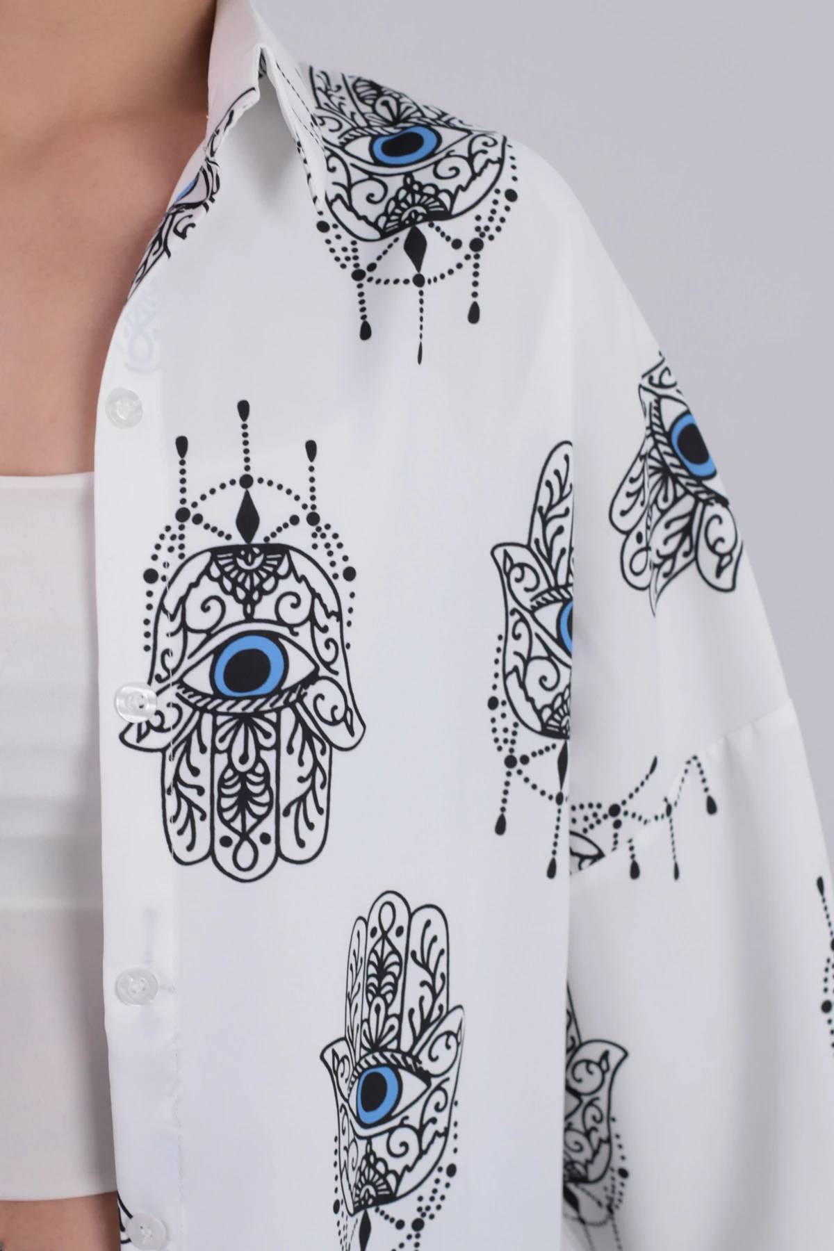 Kadın Açık Mavi Desenli Oversize Uzun Basic Tesettür Gömlek ARM-26K001075