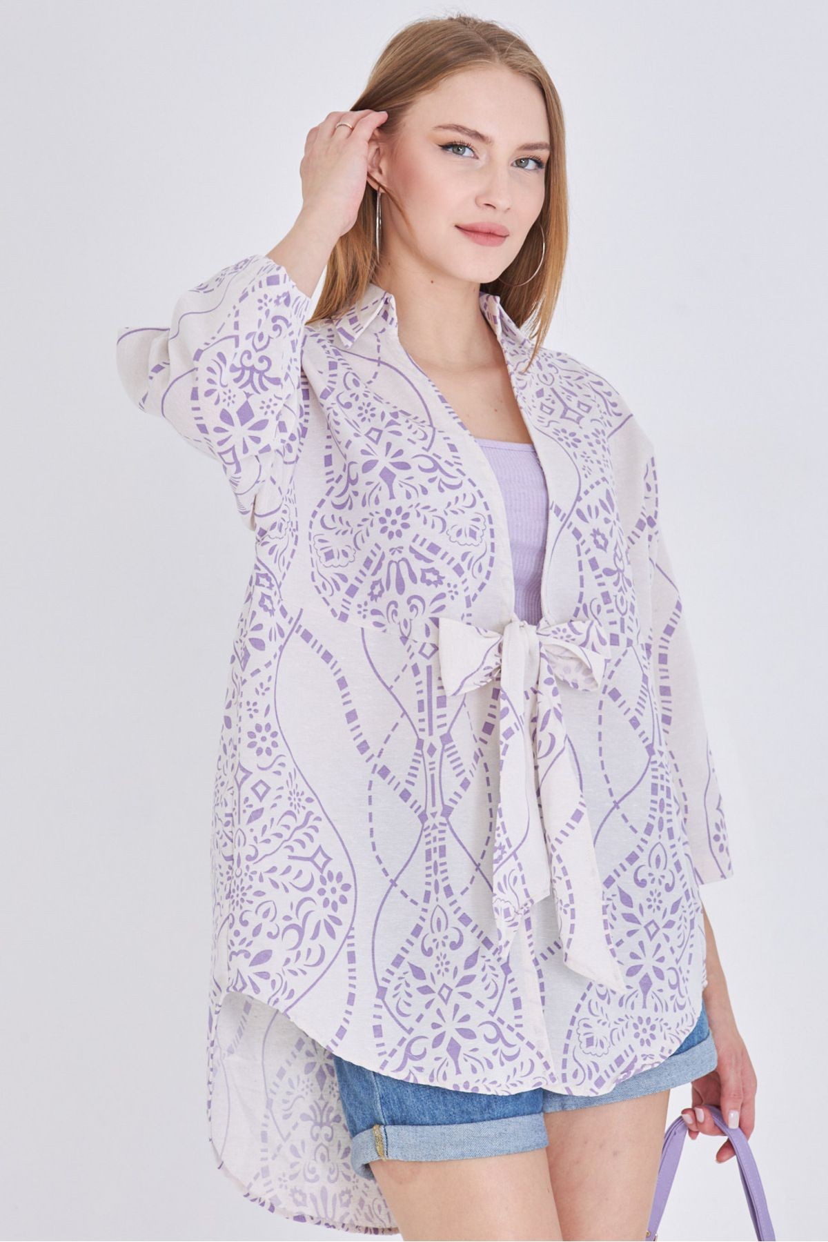 Kadın Eflatun Desenli Keten Görünümlü Önden Bağlamalı Kimono Gömlek ARM-24Y001079