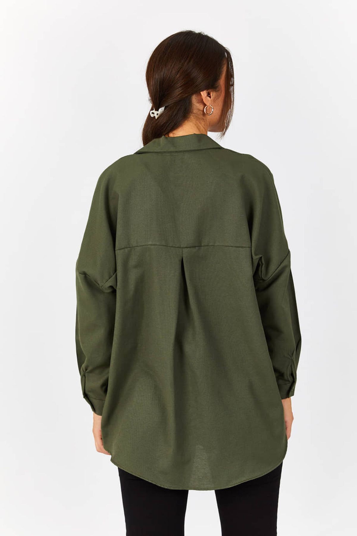 Kadın Haki Oversize Uzun Basic Gömlek ARM-22Y001118
