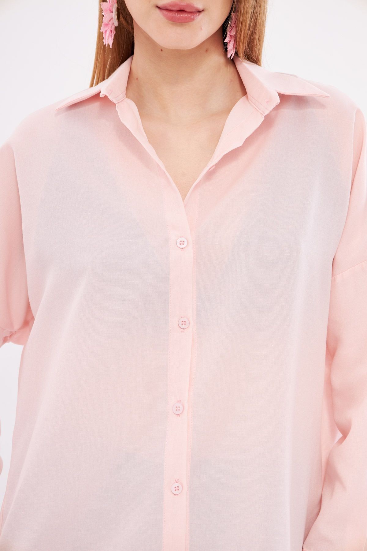 Kadın Pudra Oversize Uzun Basic Gömlek ARM-22Y001118
