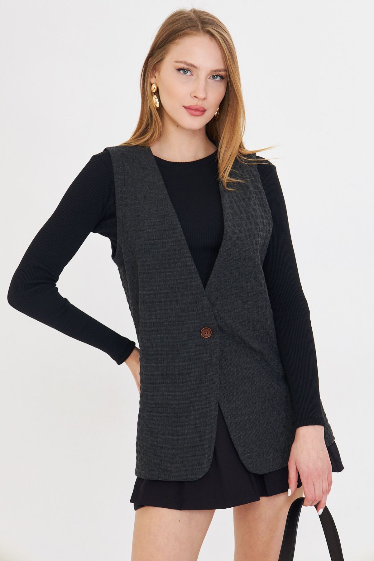 Kadın Füme V Yaka Tek Düğmeli Oversize Desenli Yelek ARM-25K001110