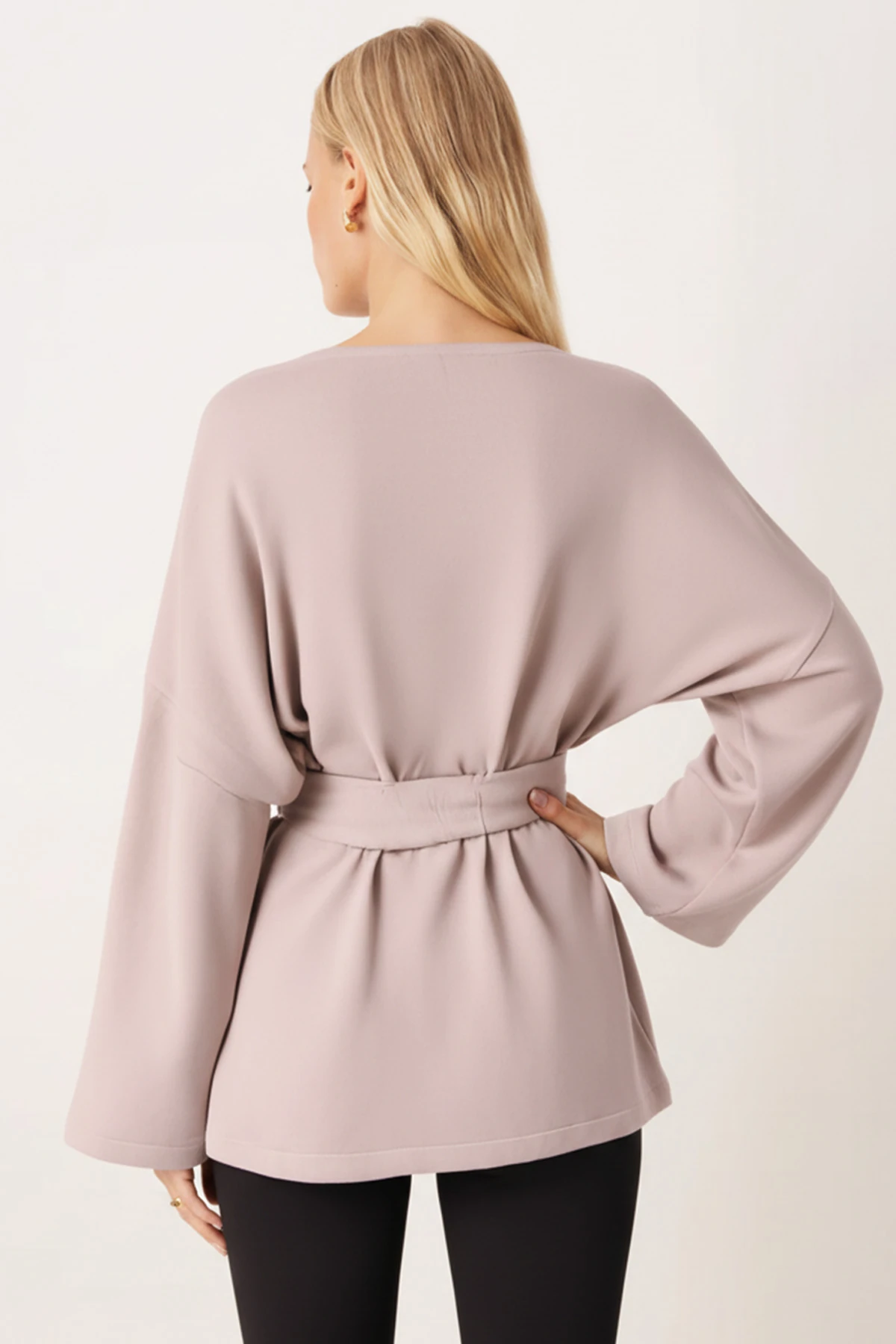 Kadın Bej V Yaka Kuşaklı Kaşe Kimono ARM-26K001049