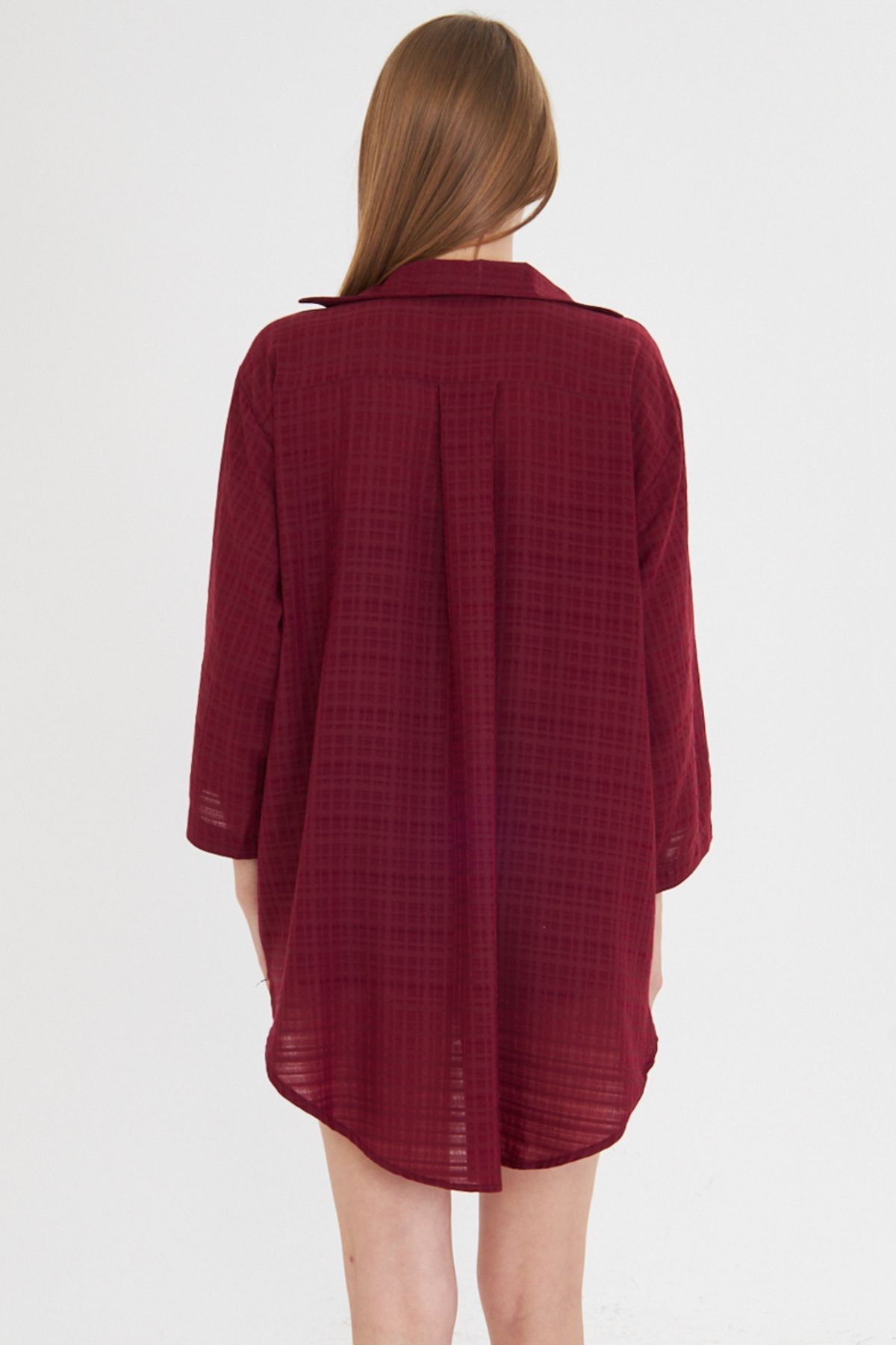 Kadın Bordo Kendinden Çizgili Önden Bağlamalı Kimono Gömlek ARM-24Y001101