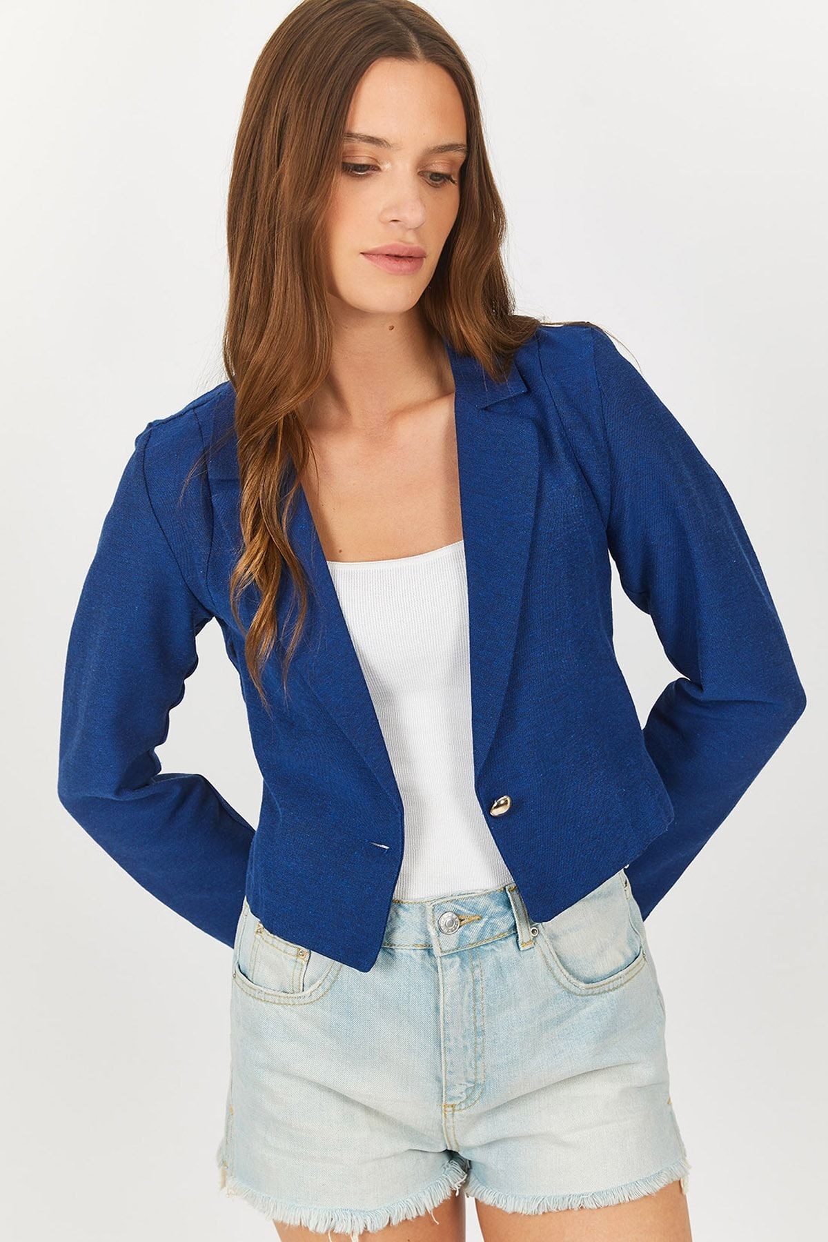 Kadın Saks Tek Düğmeli Crop Ceket Arm-23y001064