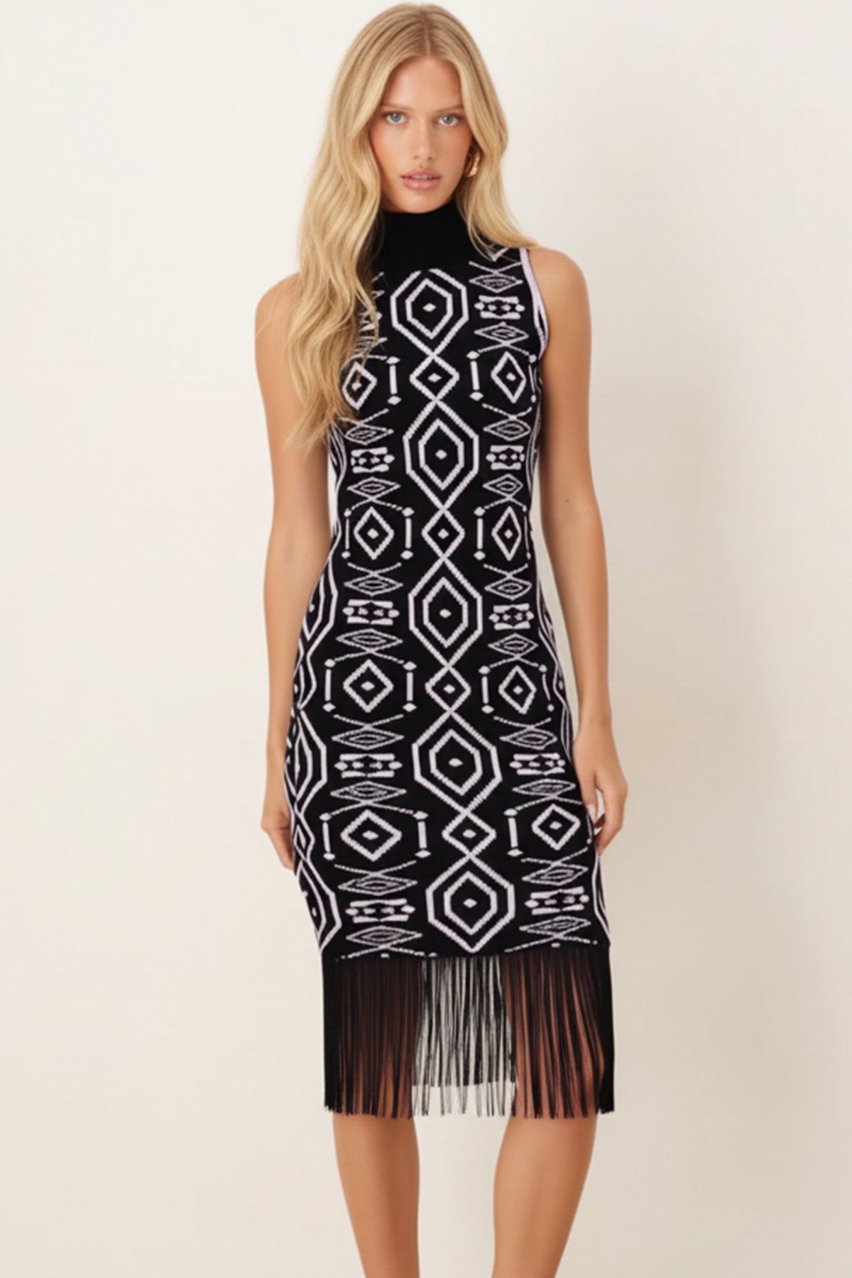 Kadın Siyah Balıkçı Yaka Etek Ucu Püsküllü Triko Elbise ARM-26K136009