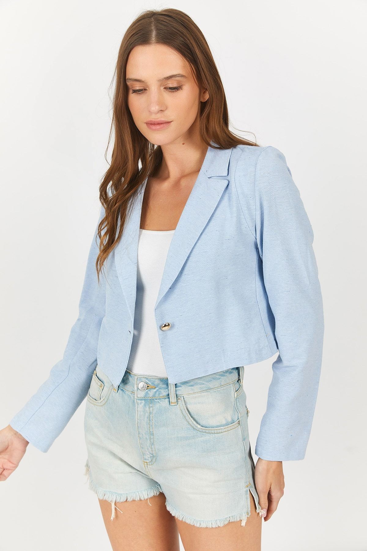 Kadın Bebe Mavi Tek Düğmeli Crop Ceket Arm-23y001064