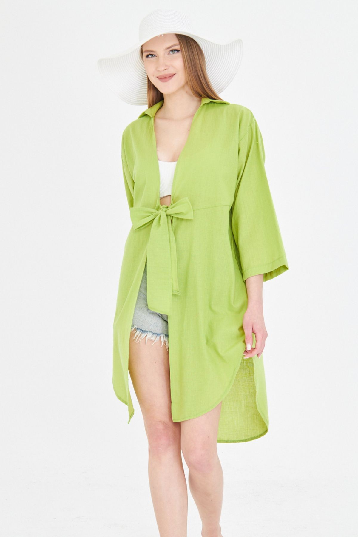 Kadın Yağ Yeşili Önden Bağlamalı İnce Keten Kumaş Midi Boy Kimono Gömlek ARM-24Y001081