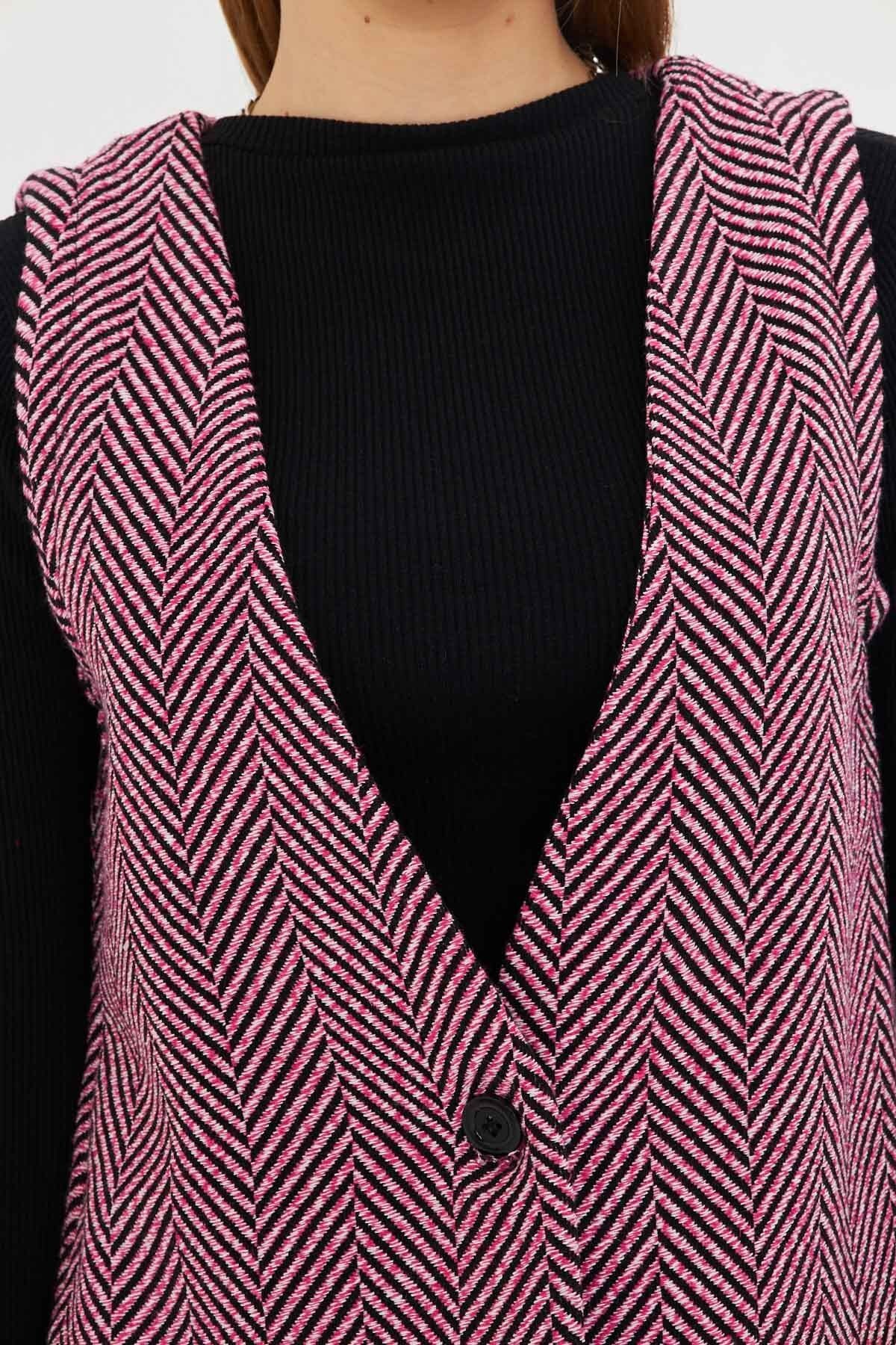 Kadın Pembe V Yaka Tek Düğmeli Oversize Desenli Yelek ARM-25K001110
