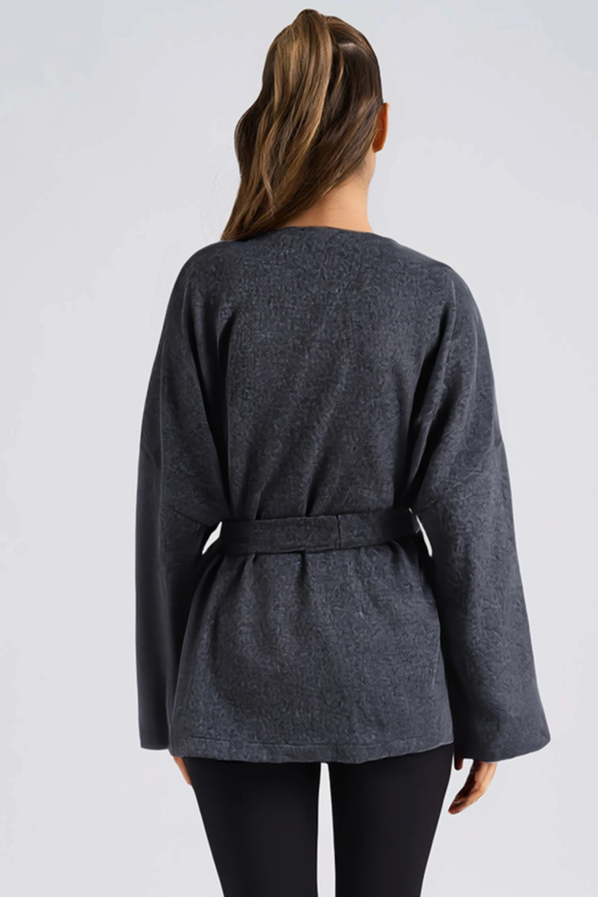 Kadın Antrasit V Yaka Kuşaklı Kaşe Kimono ARM-26K001049