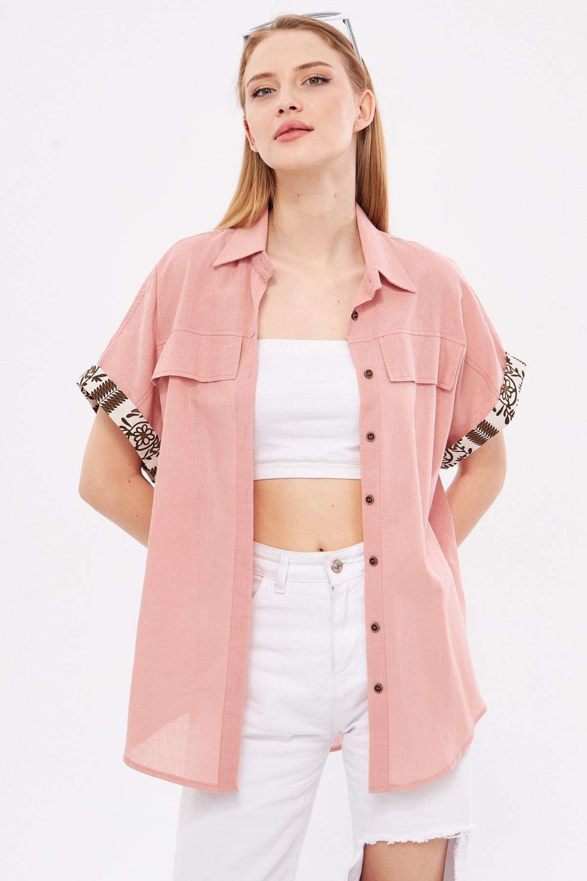 Kadın Gül Kurusu Oversize Duble Kol Detaylı Gömlek ARM-24Y001075