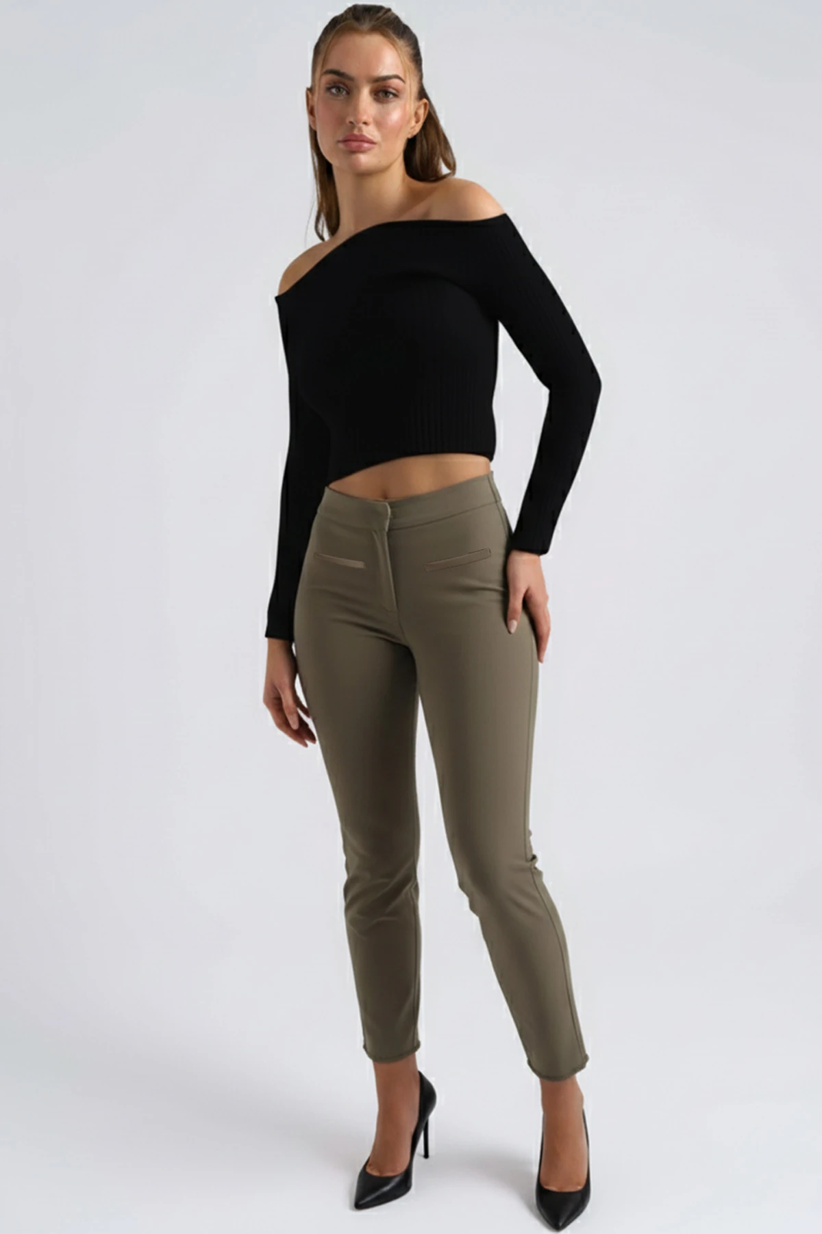 Kadın Haki Önü Sahte Cepli Pantolon ARM-26K136053