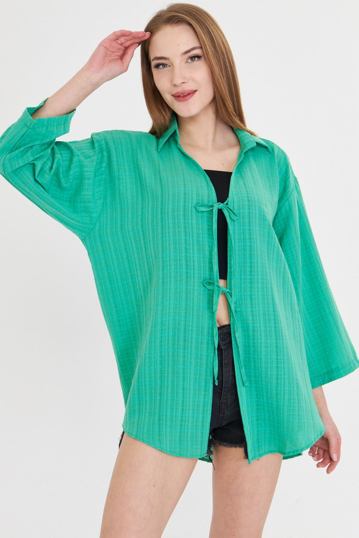 Kadın Açık Yeşil Gömlek Yakalı Önden Bağcıklı Kimono Gömlek ARM-25K001006