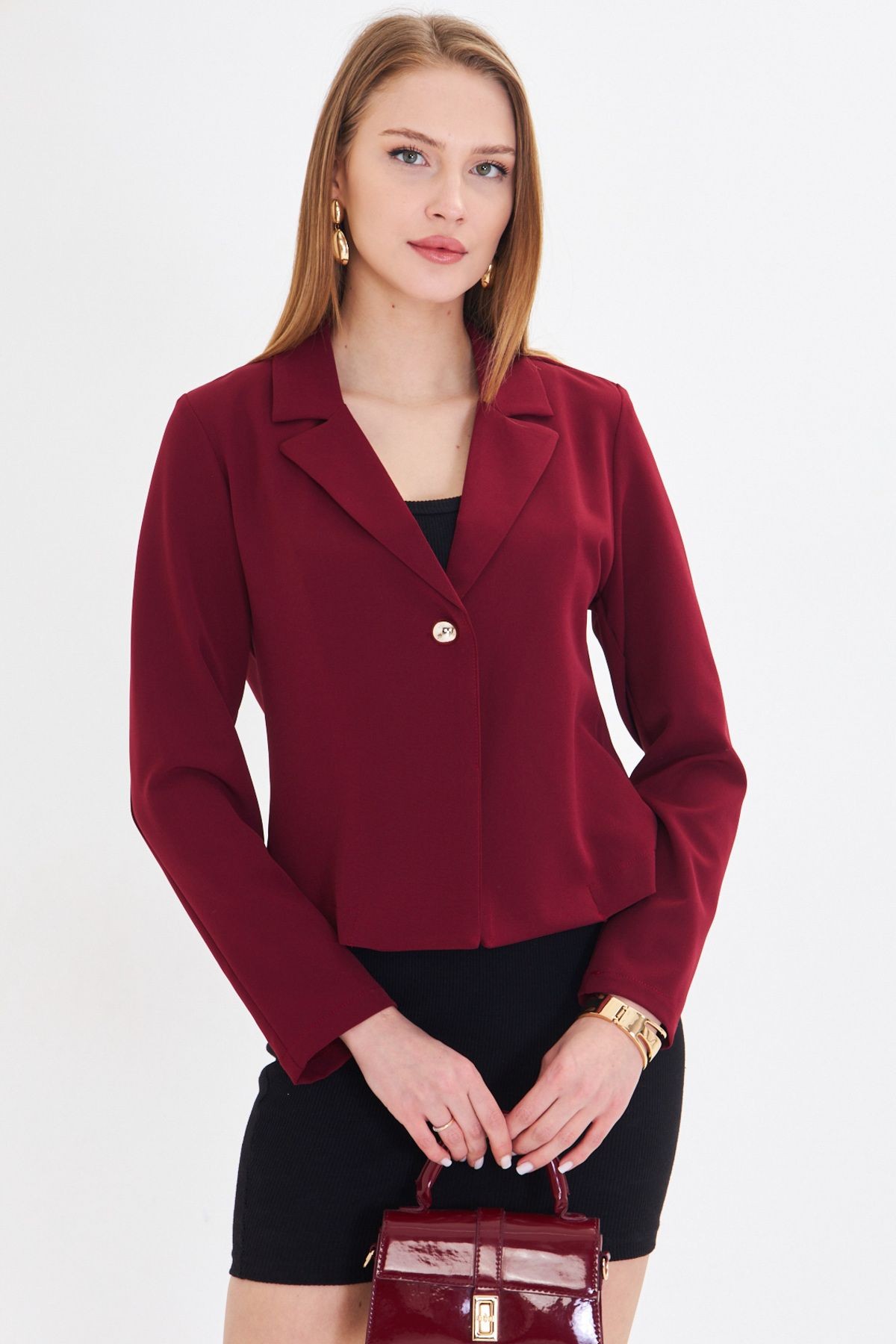 Kadın Bordo Tek Düğmeli Crop Ceket Arm-22y001237