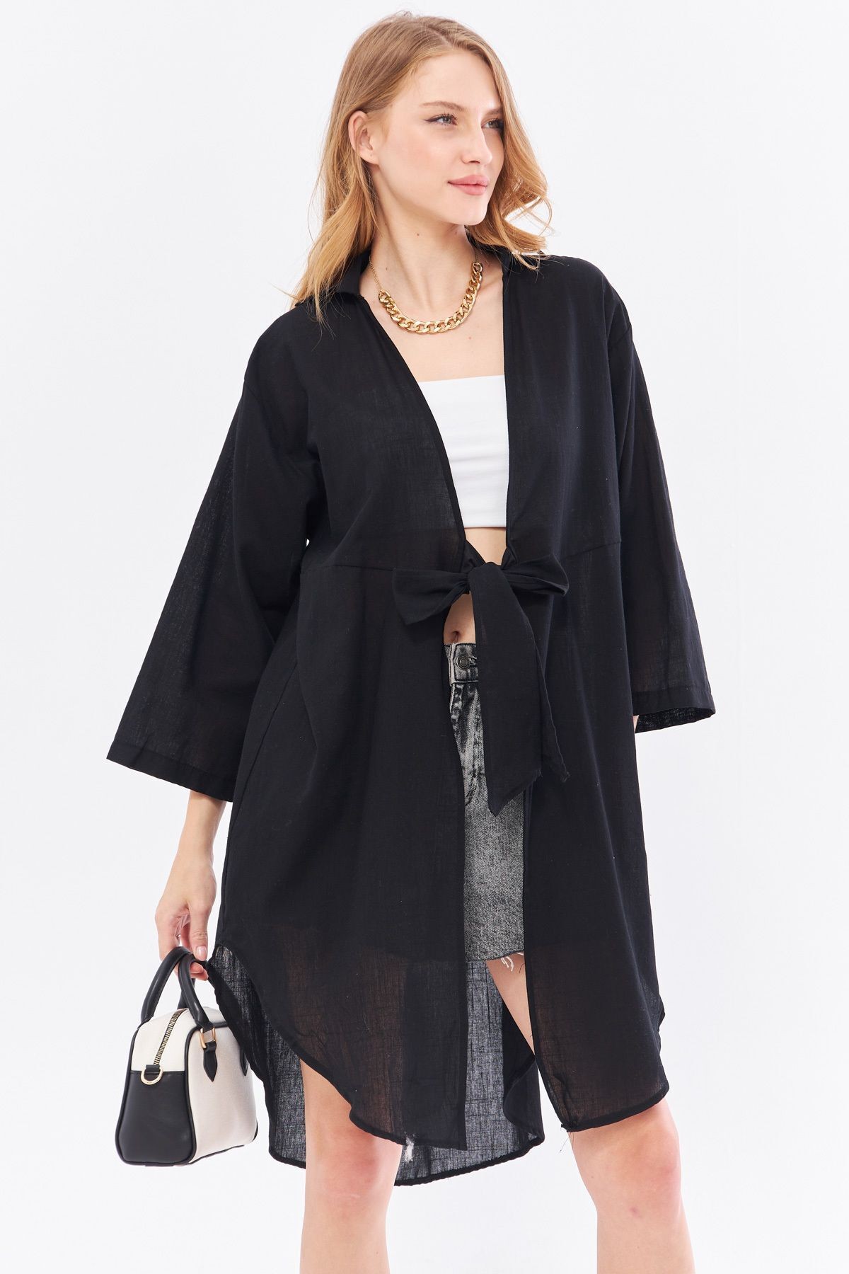 Kadın Siyah Önden Bağlamalı İnce Keten Kumaş Midi Boy Kimono Gömlek ARM-24Y001081