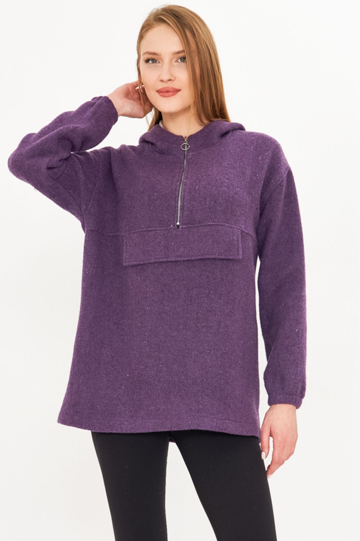 Kadın Mor Kapüşonlu Cep Kapaklı Kaşe Sweatshirt ARM-25K001097