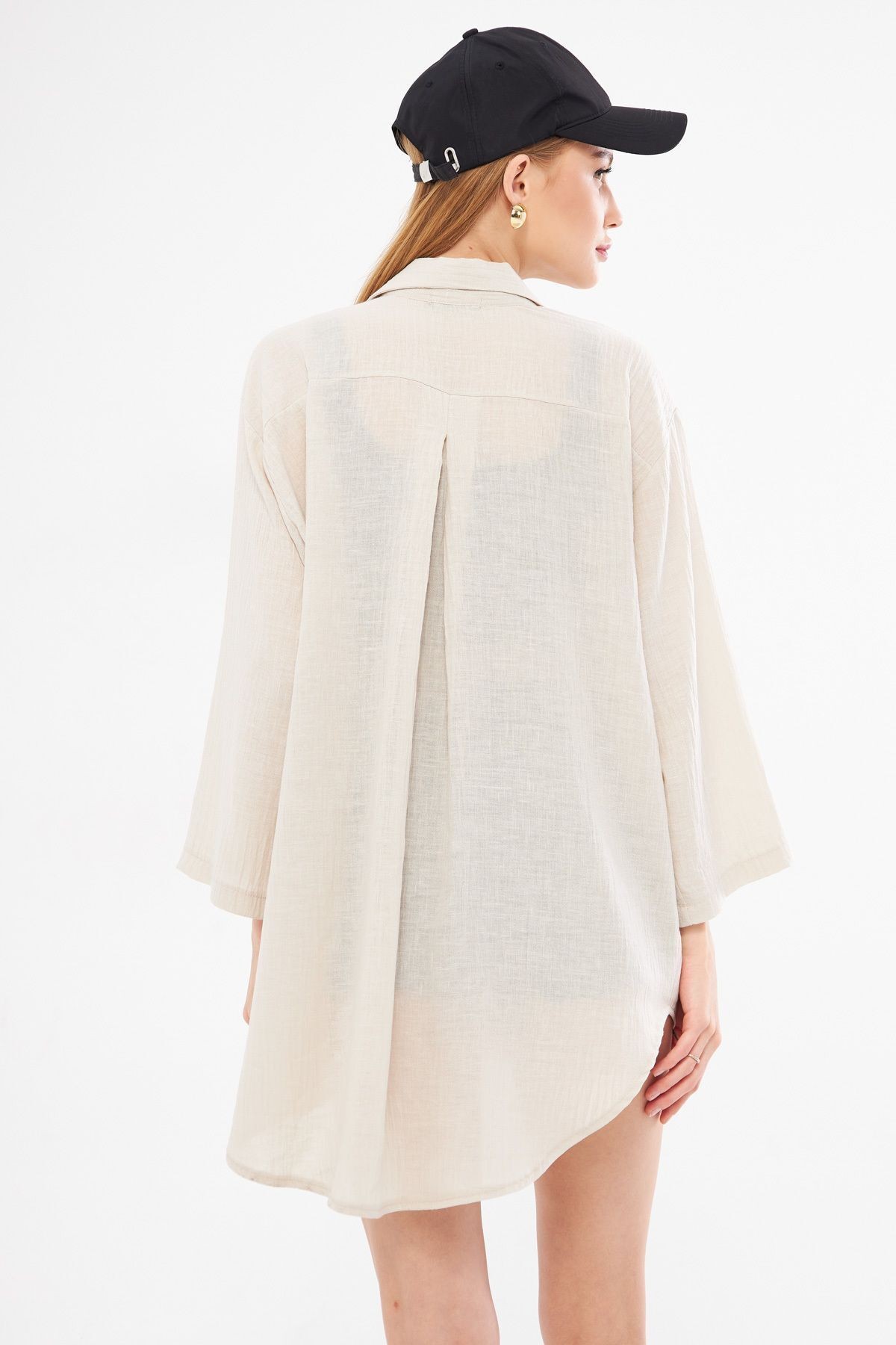 Kadın Ekru Keten Görünümlü Önden Bağlamalı Kimono Gömlek ARM-24Y001063
