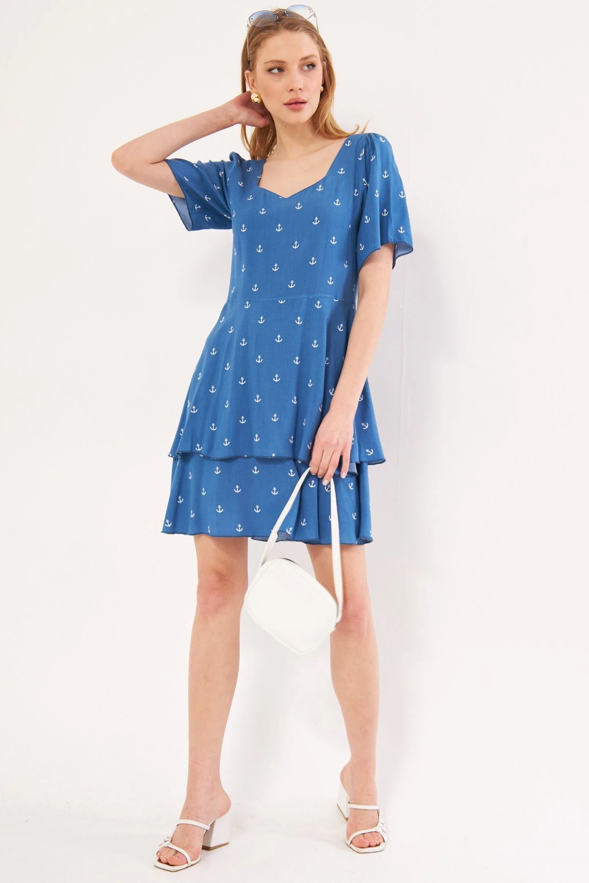 Kadın Mavi Eksi Elbise Kısa Kollu Eteği Katlı Fermuarlı Desenli Mini Boy ARM-24Y001026