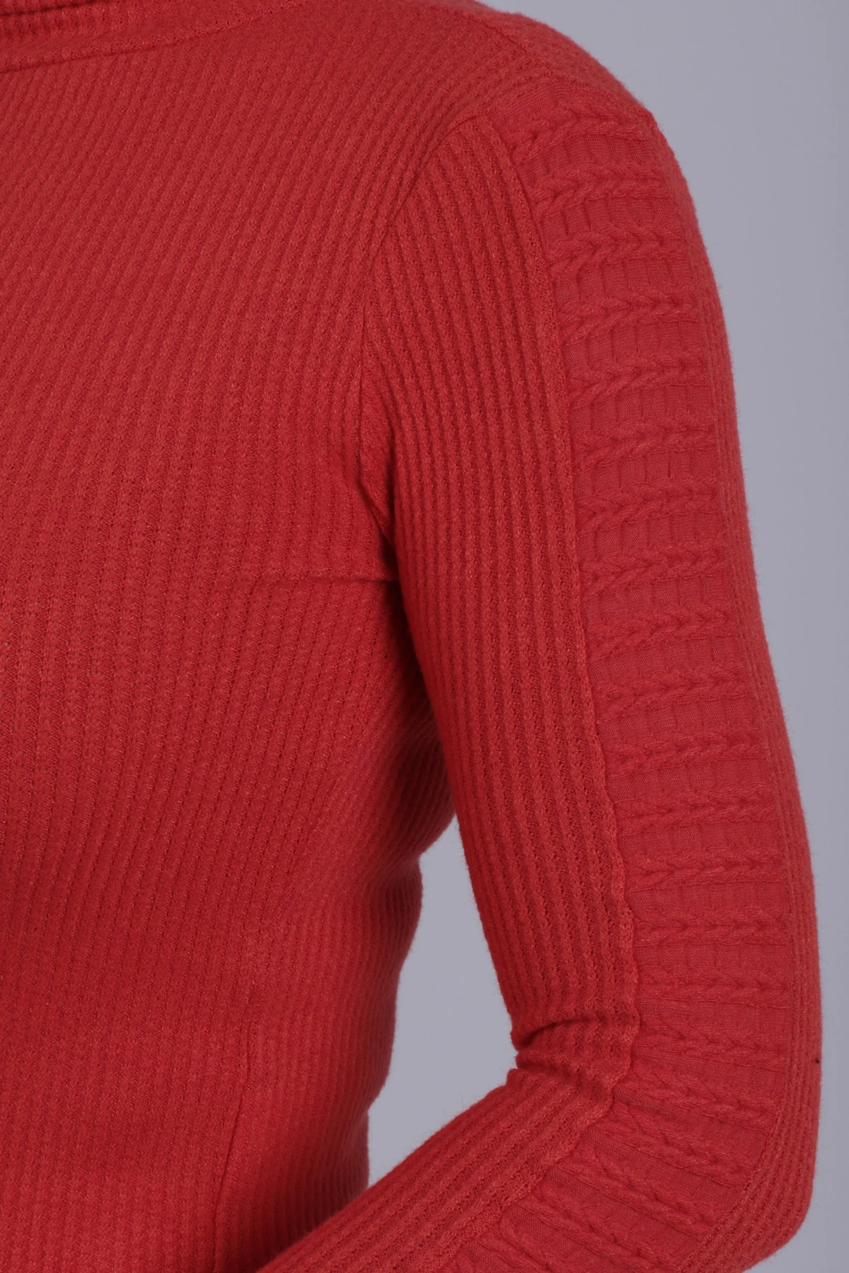 Kadın Nar Çiçeği Balıkçı Yaka Kolu Şeritli Yumuşak Dokulu Bluz ARM-26K001043