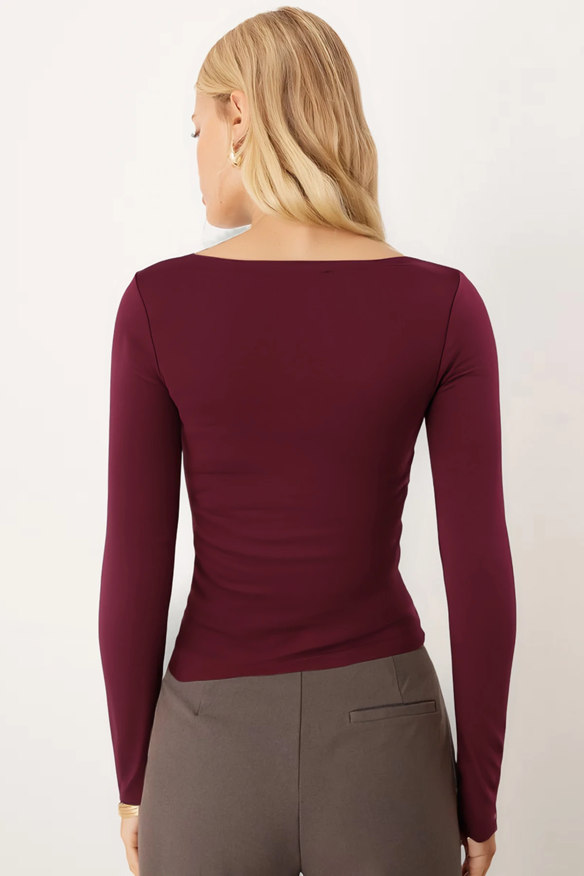 Kadın Bordo Kayık Yaka Uzun Kol Body Bluz ARM-26K135013