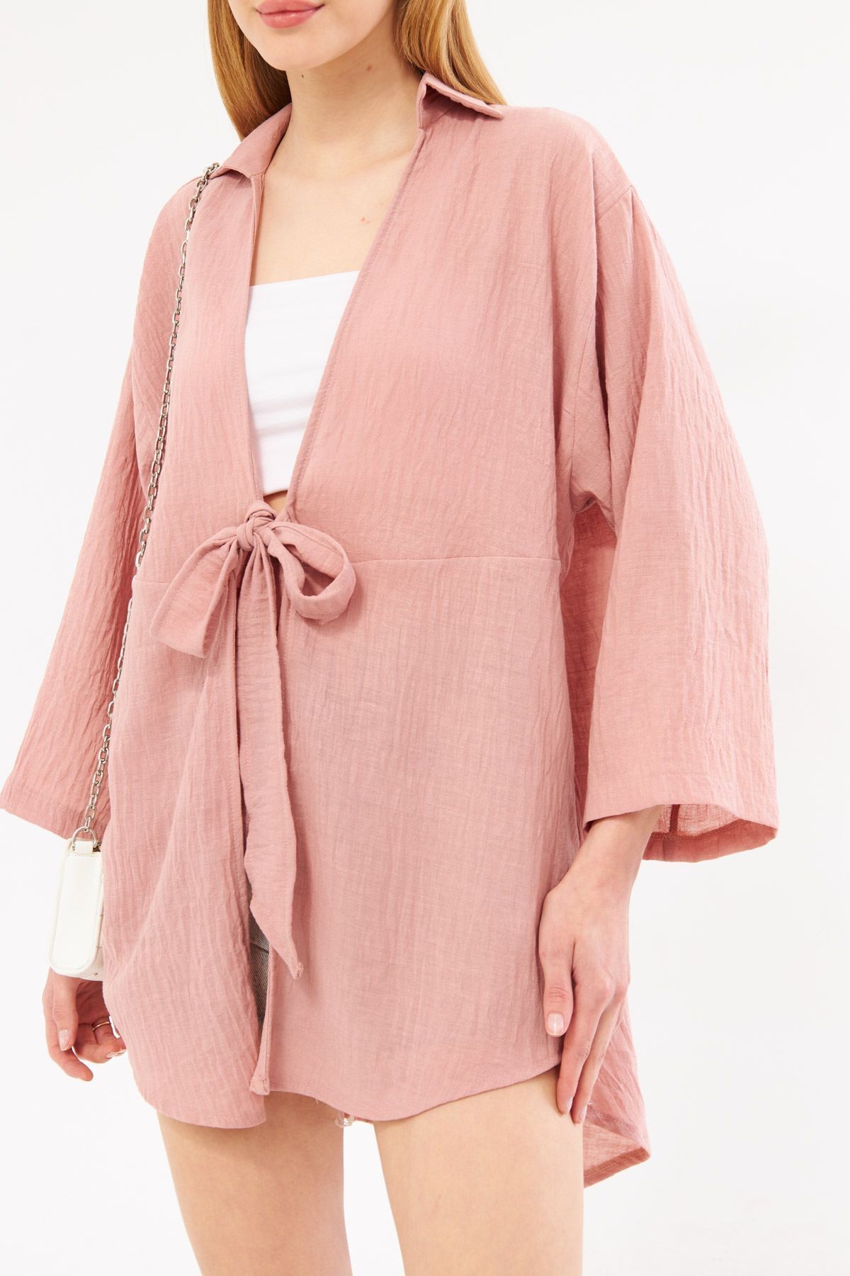 Kadın Gül Kurusu Keten Görünümlü Önden Bağlamalı Kimono Gömlek ARM-24Y001063