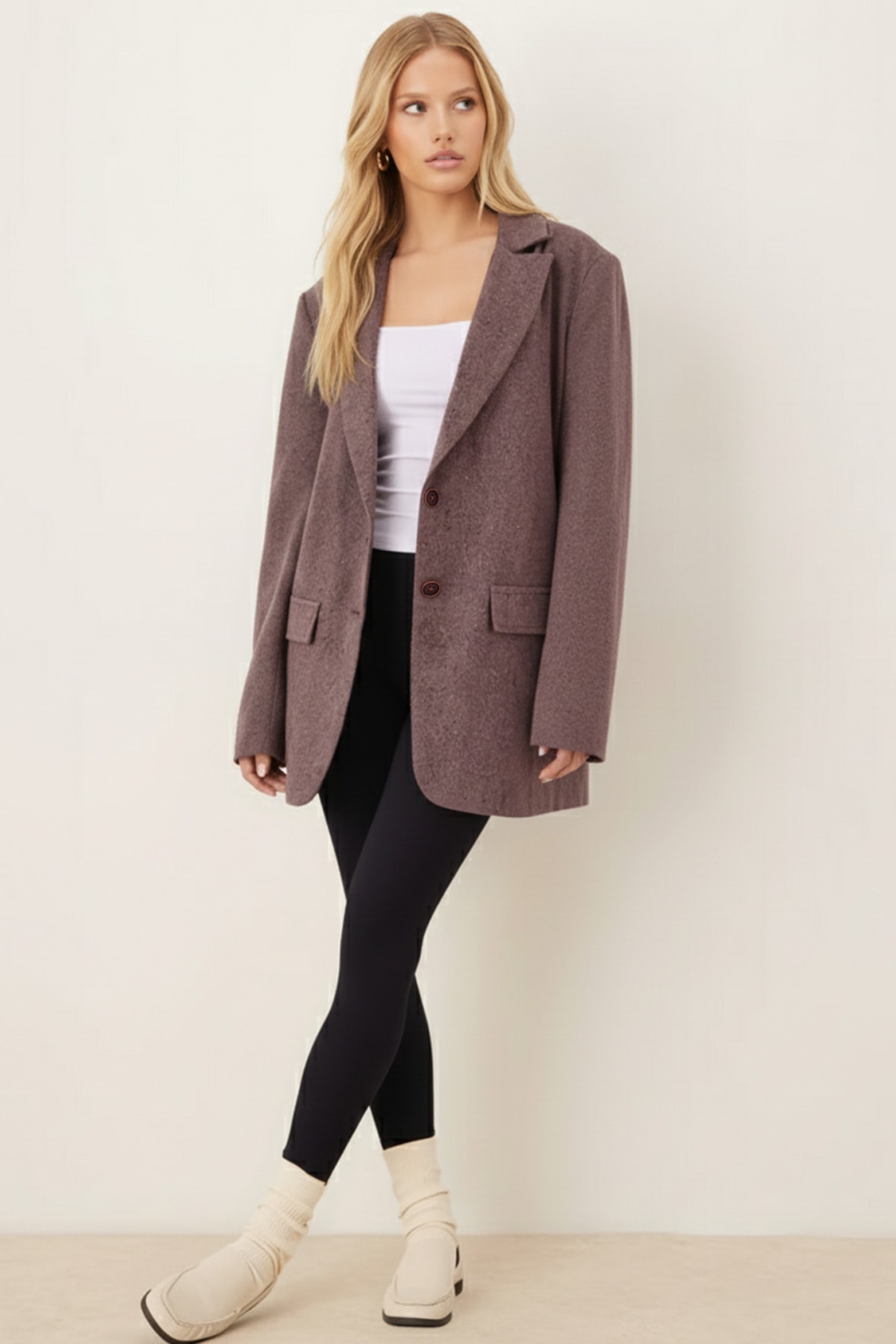 Kadın Vizon Erkek Yaka Cep Kapaklı Vatkalı Oversize Kaşe Ceket ARM-26K001044