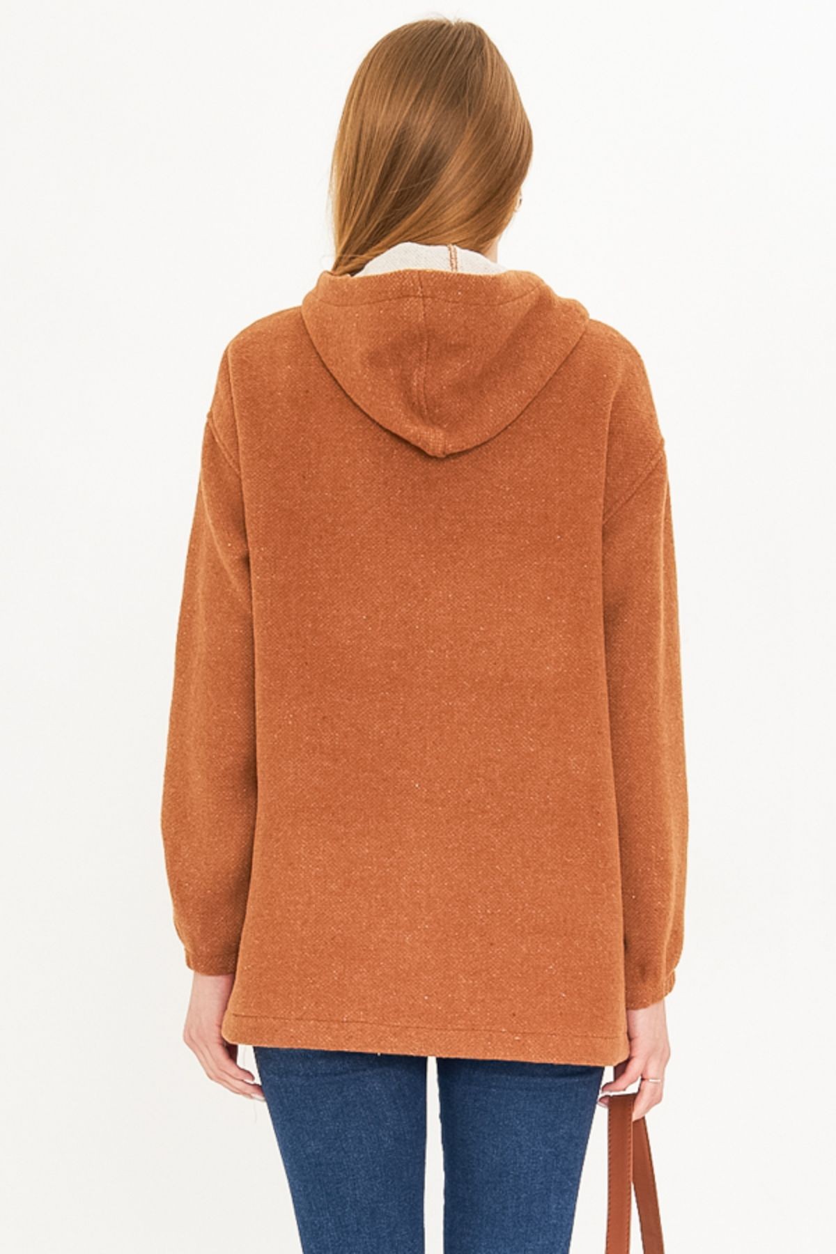 Kadın Taba Kapüşonlu Cep Kapaklı Kaşe Sweatshirt ARM-25K001097
