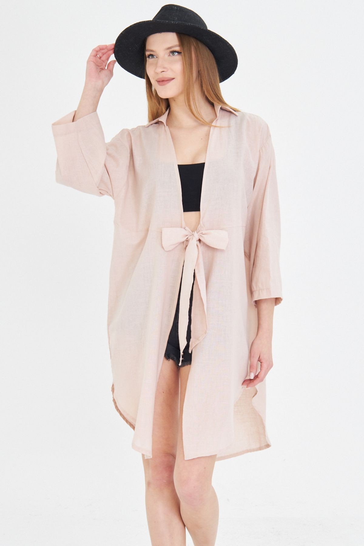 Kadın Bej Önden Bağlamalı İnce Keten Kumaş Midi Boy Kimono Gömlek ARM-24Y001081