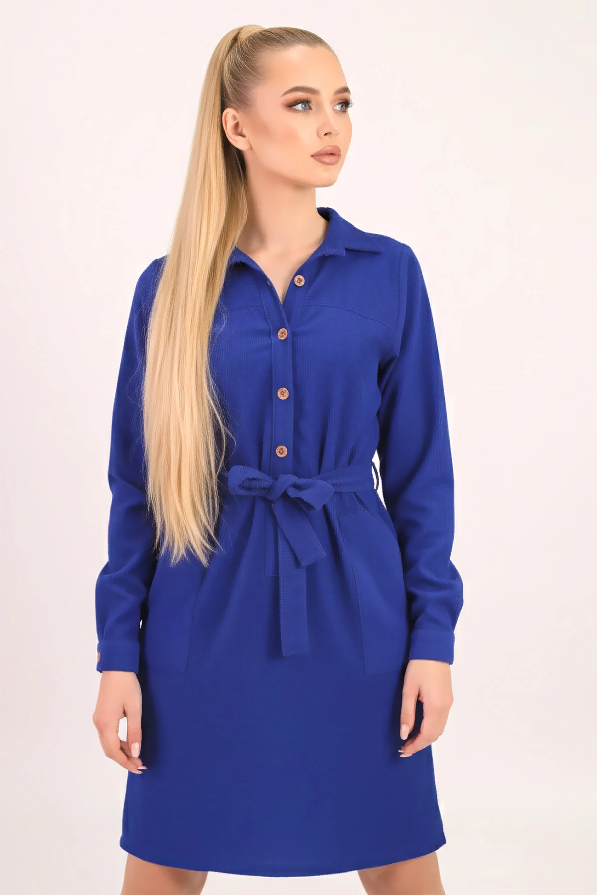 Kadın Saks Önden Düğmeli Cepli Kuşaklı Kadife Elbise ARM-25K001085