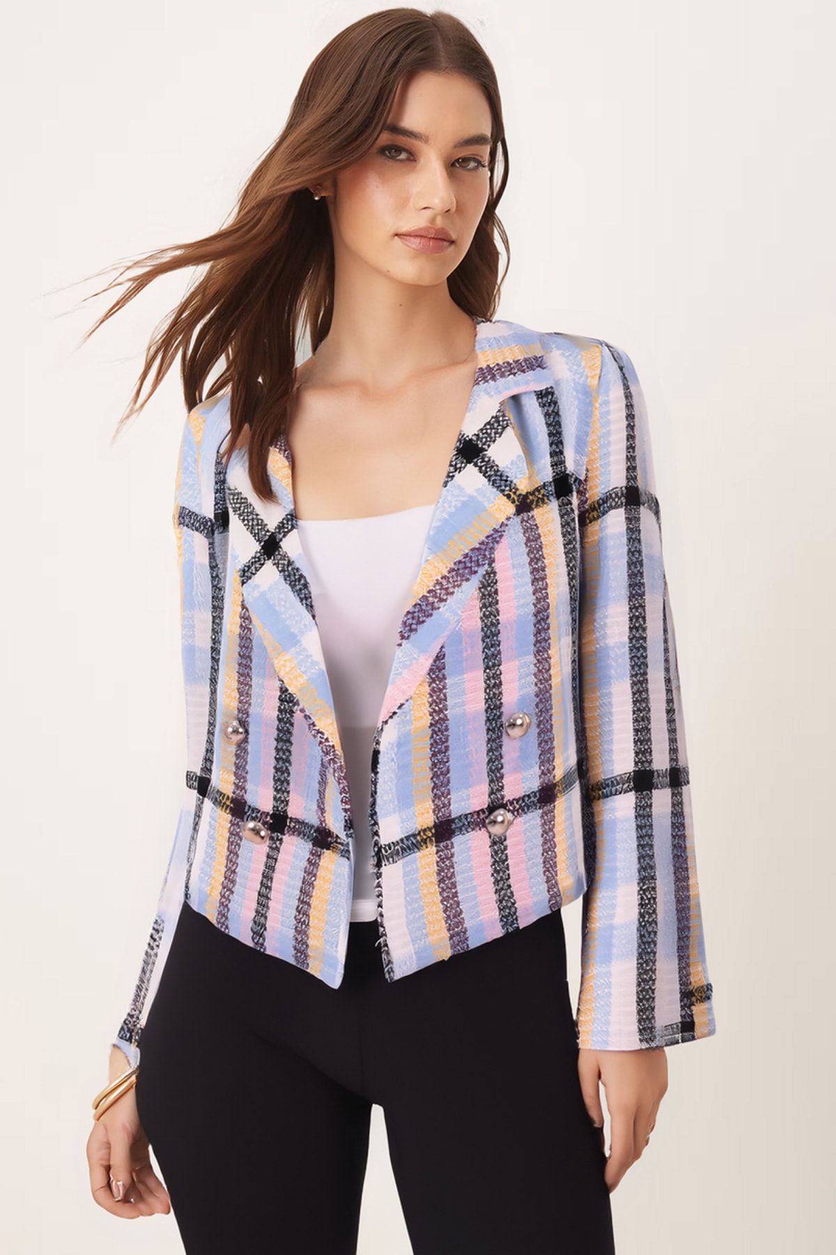 Kadın Pudra-Mavi Kruvaze Yaka Tüvit Crop Ceket ARM-24K001014