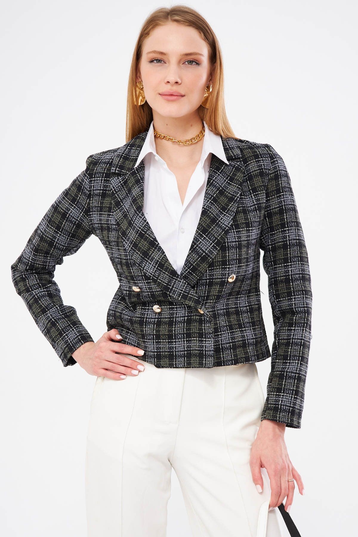 Kadın Haki Kruvaze Yaka Tüvit Crop Ceket ARM-24K001014