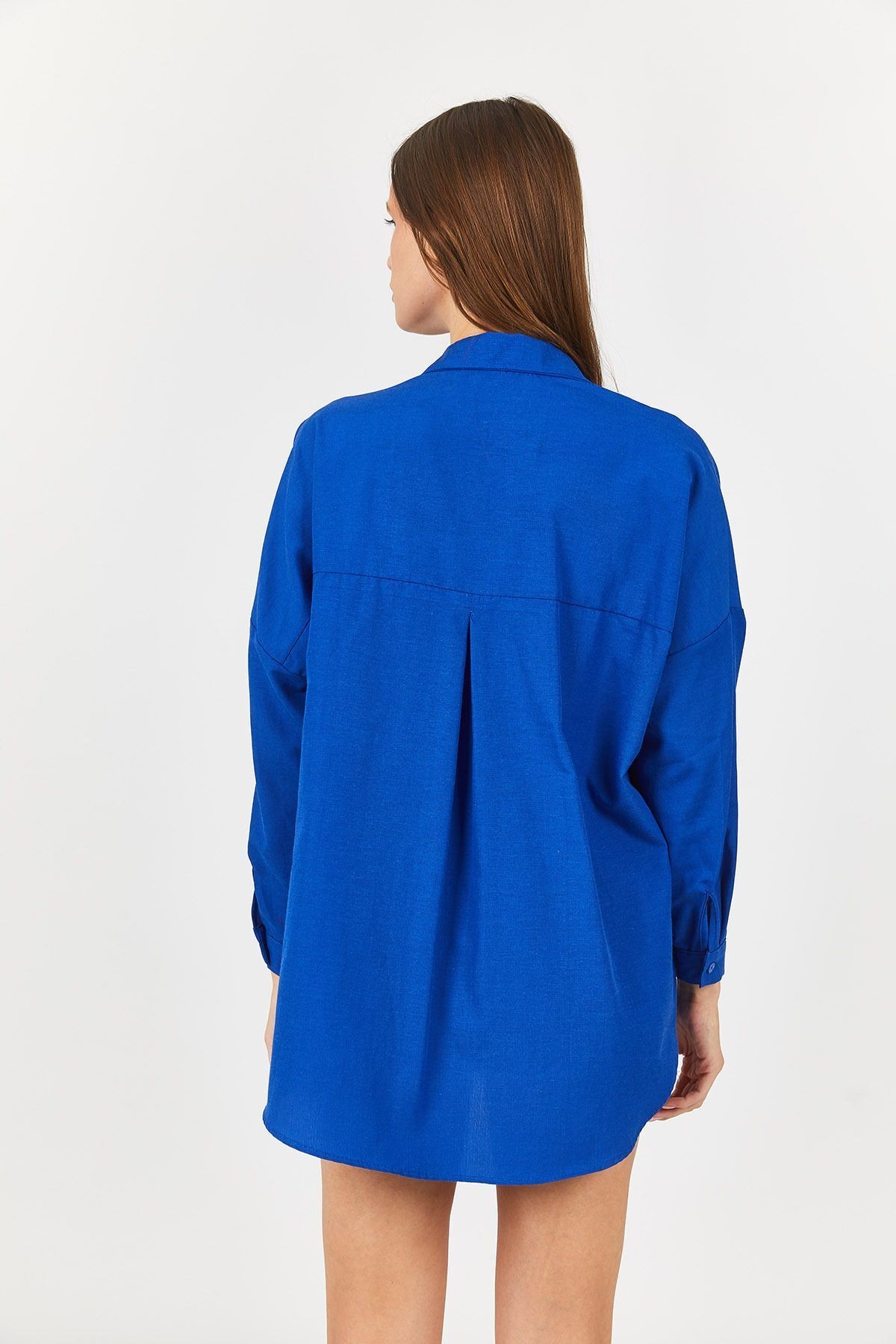 Kadın Saks Oversize Uzun Basic Gömlek Arm-22y001118