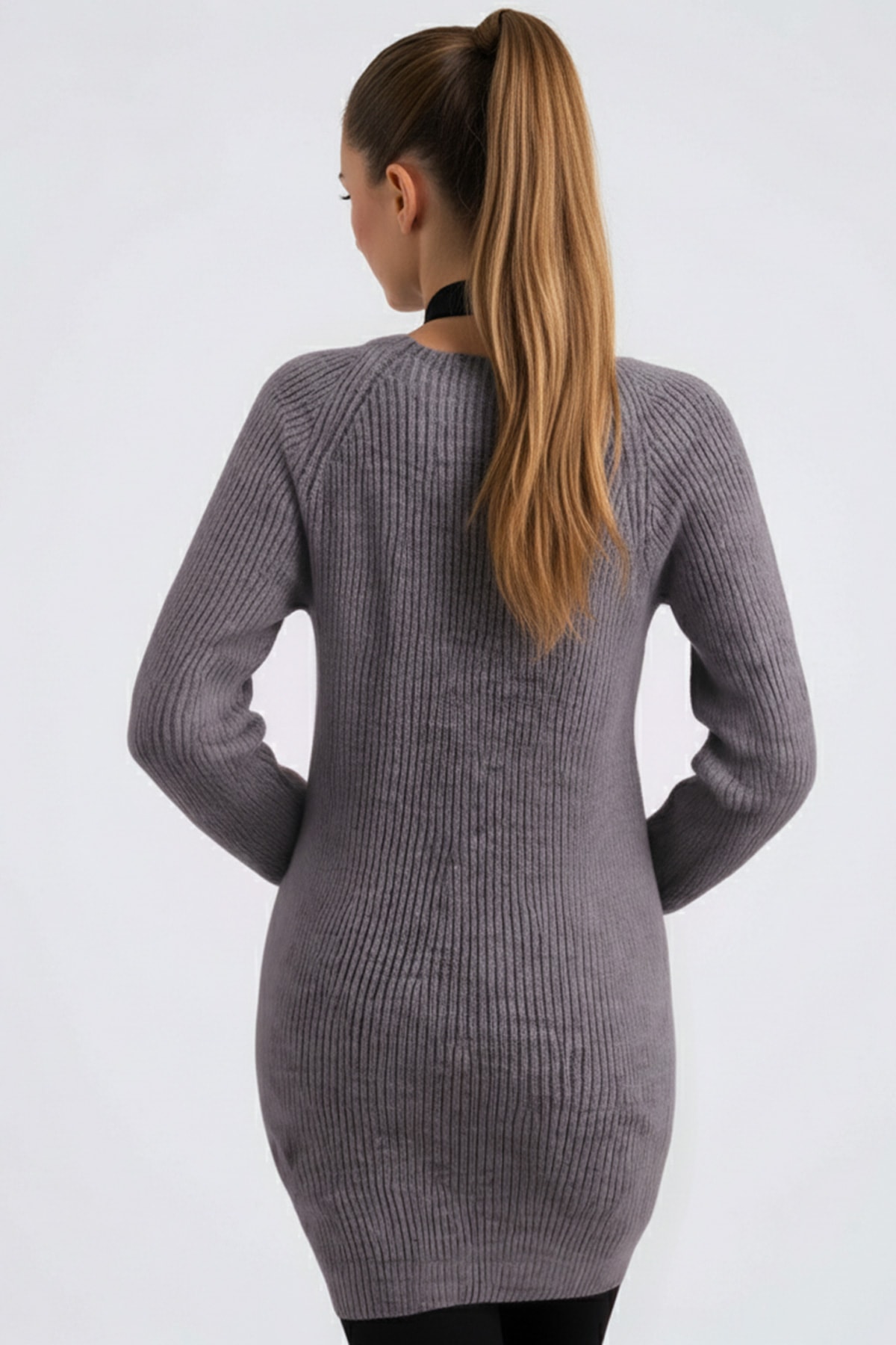 Kadın Gri V Yaka Triko Elbise ARM-26K136054